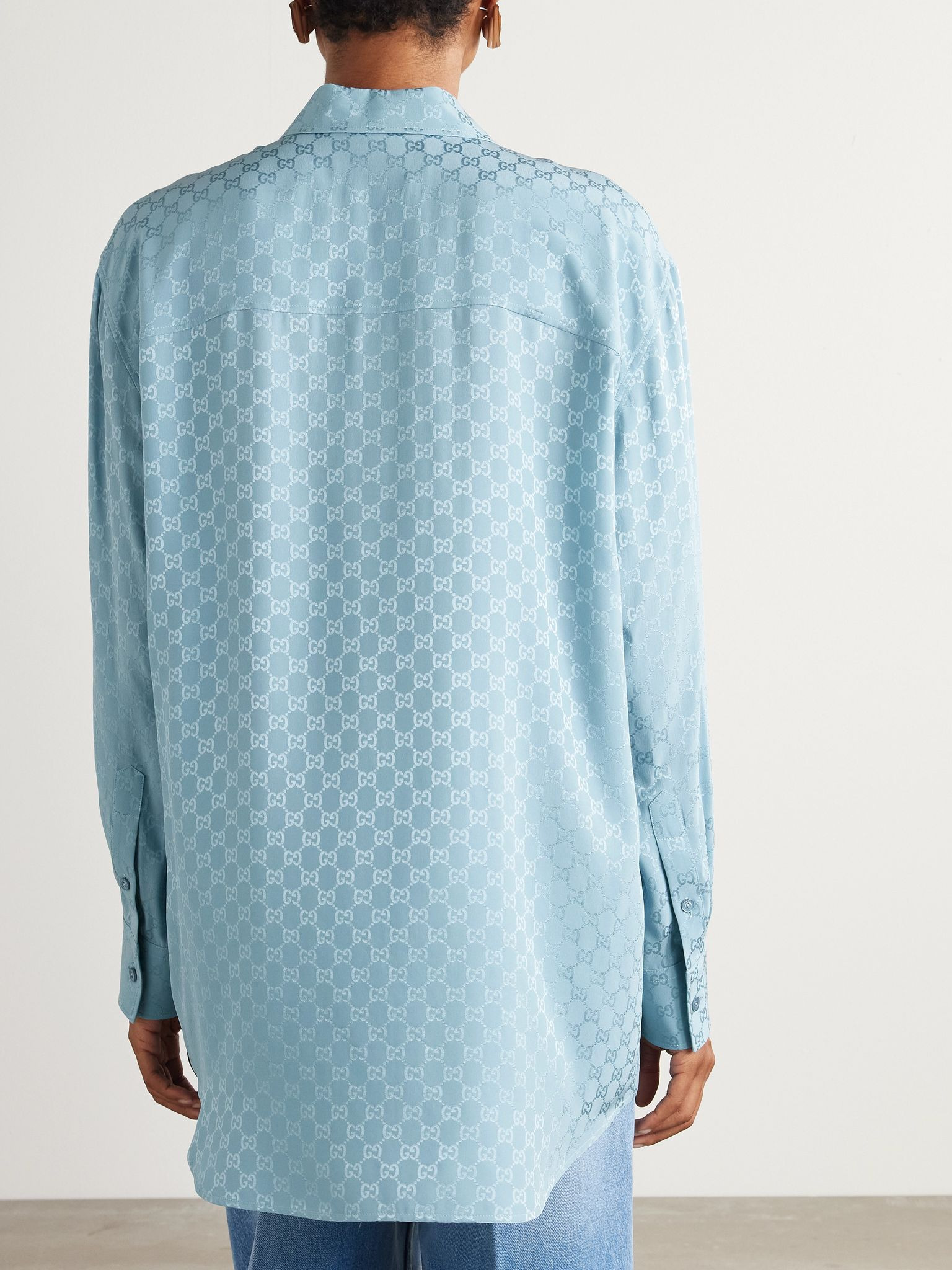 Silk-satin jacquard shirt Blue - 4