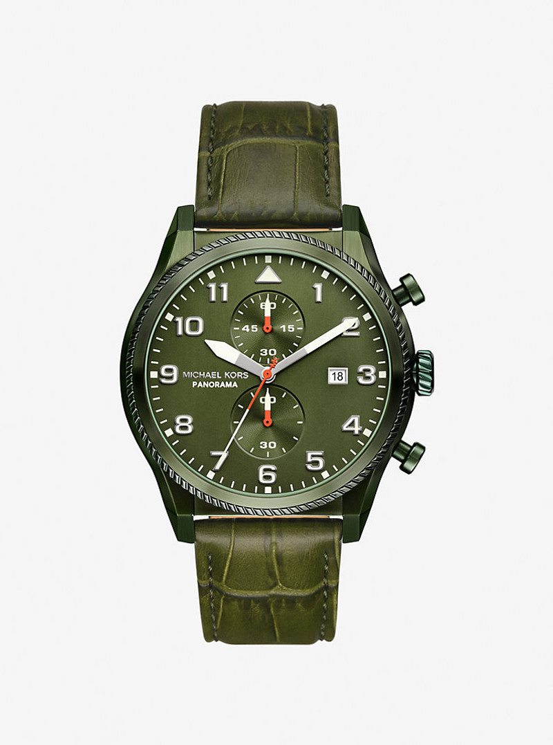 Oversized Panorama Olive-Tone and Crocodile Embossed Leather Watch 1