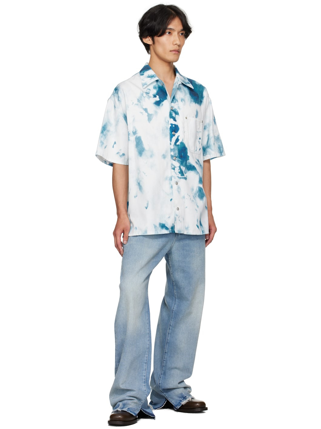 White & Blue Bleach Print Shirt - 4