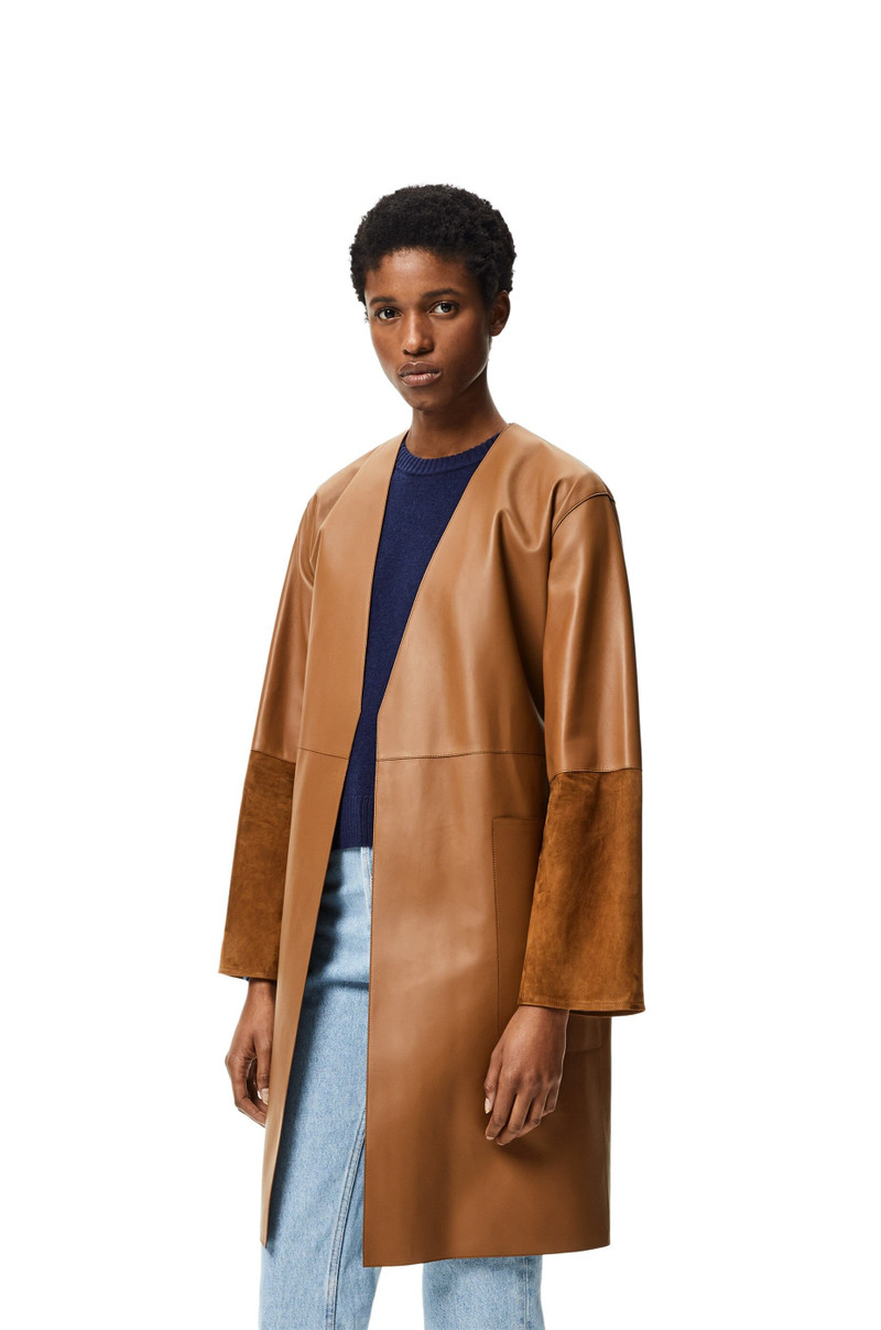 Collarless short belted coat in nappa and suede 3