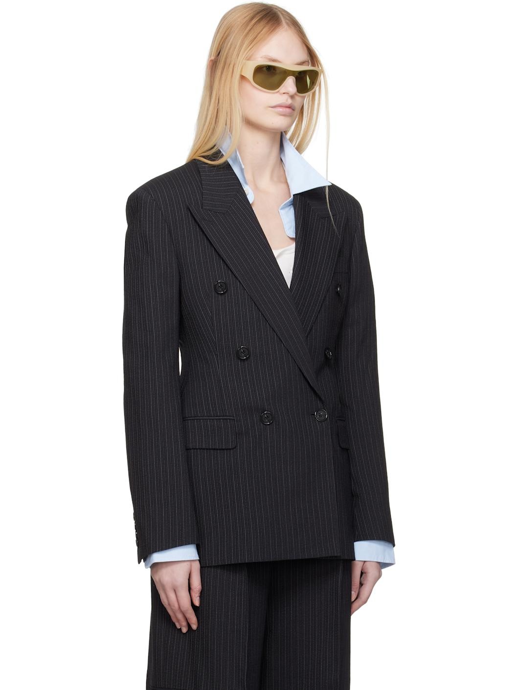 Black Double-Breasted Pinstripe Blazer - 2