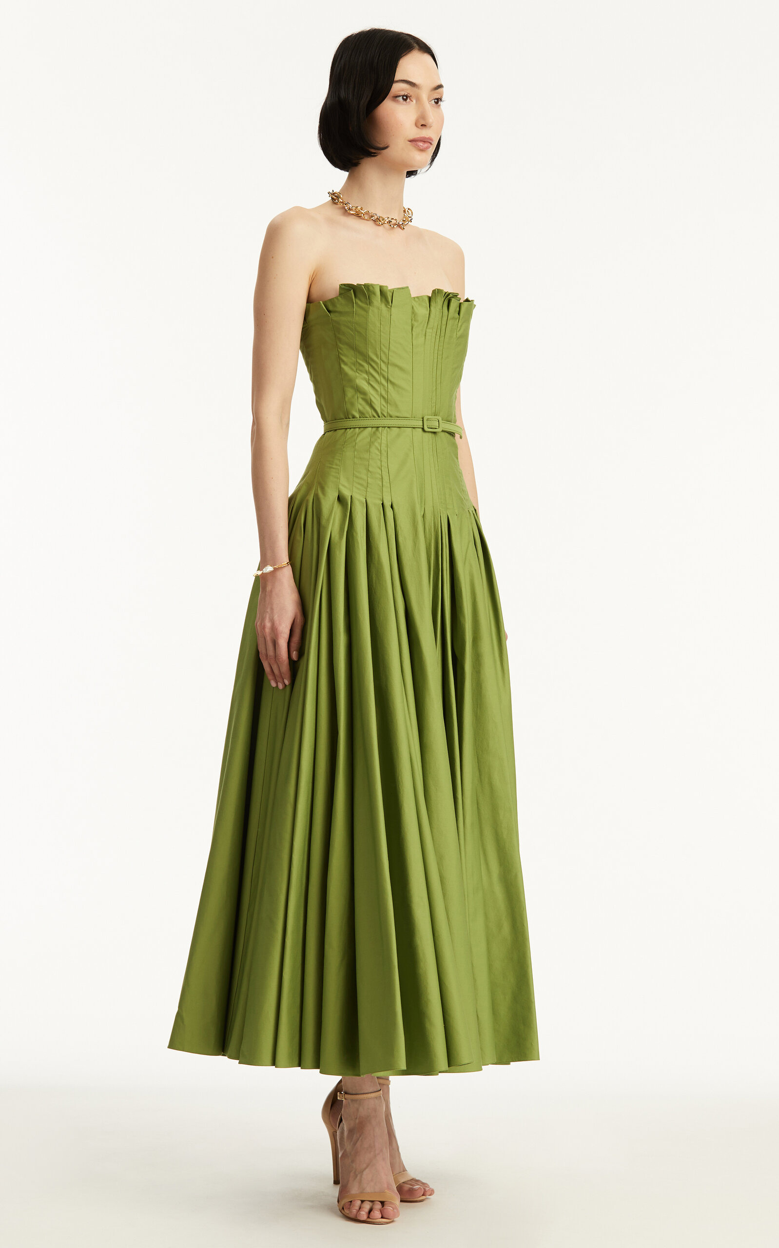 Belted Pleated Cotton Twill Maxi Dress green - 4