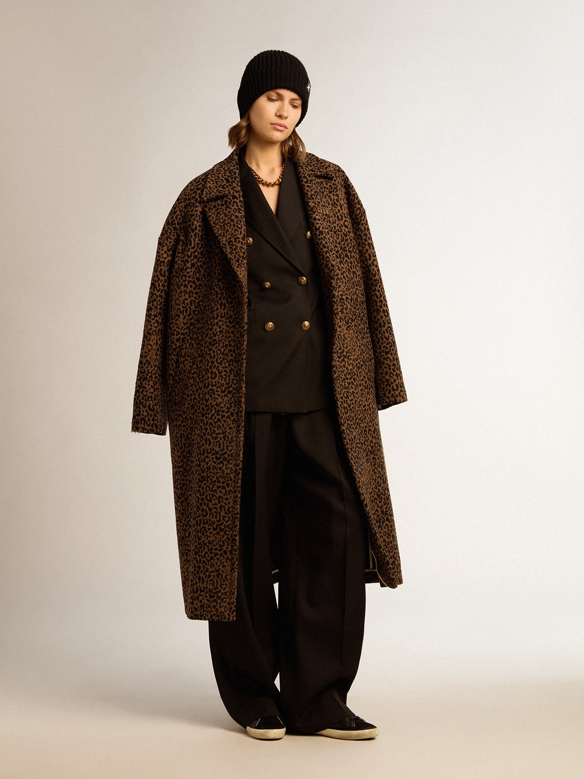 Women's single-breasted cocoon coat in wool with jacquard motif - 3