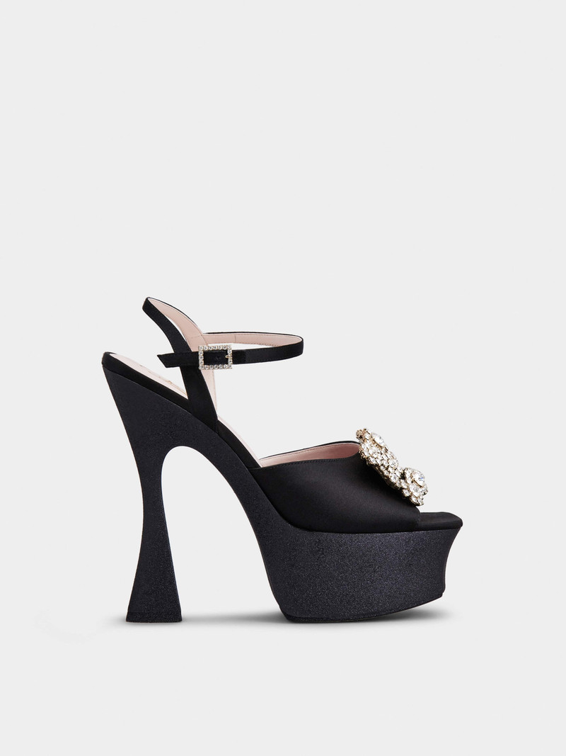 Flower Strass Buckle Platform Sandals in Satin 1