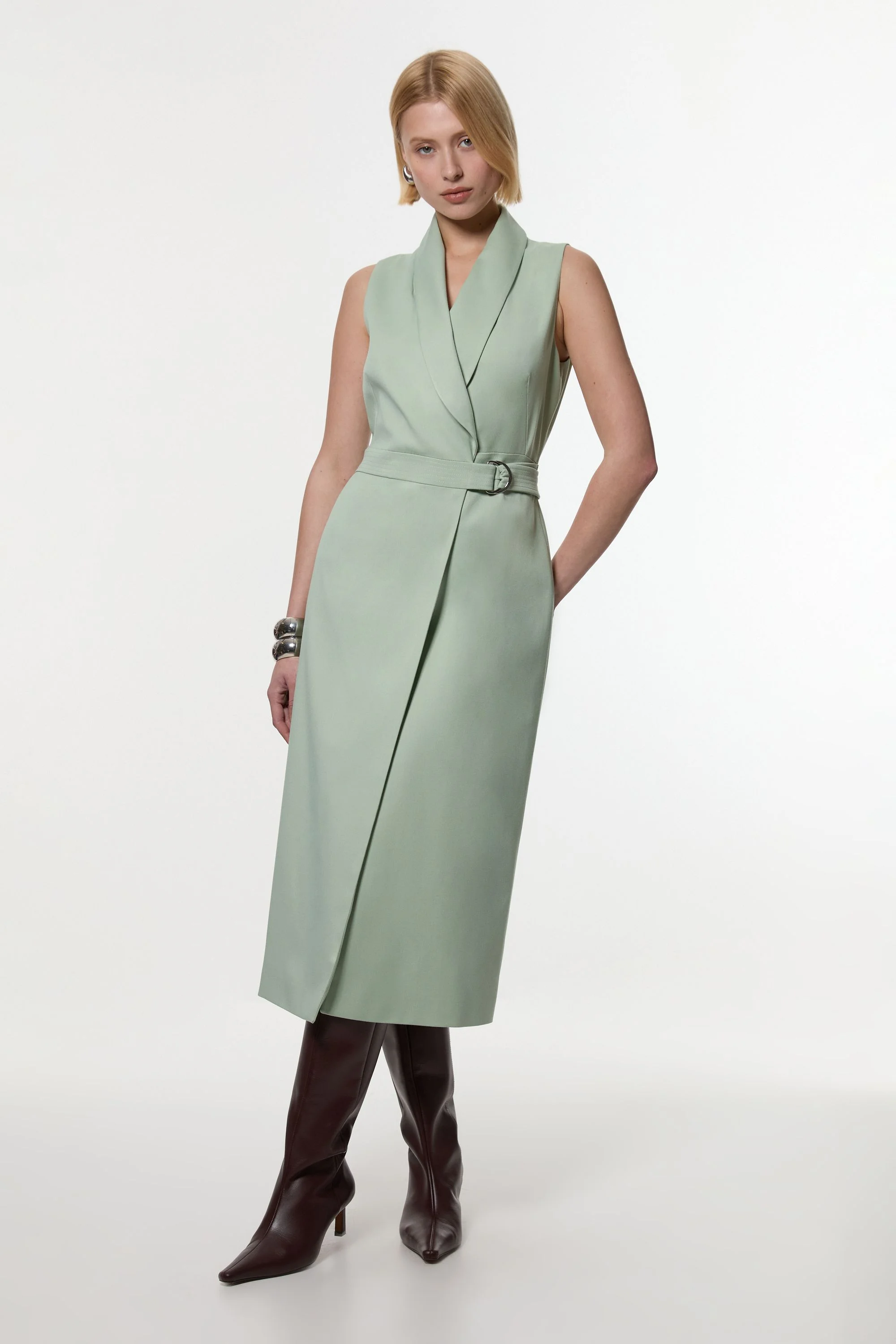 Soft Tie Tailored Sleeveless Pencil Midi Dress - 1