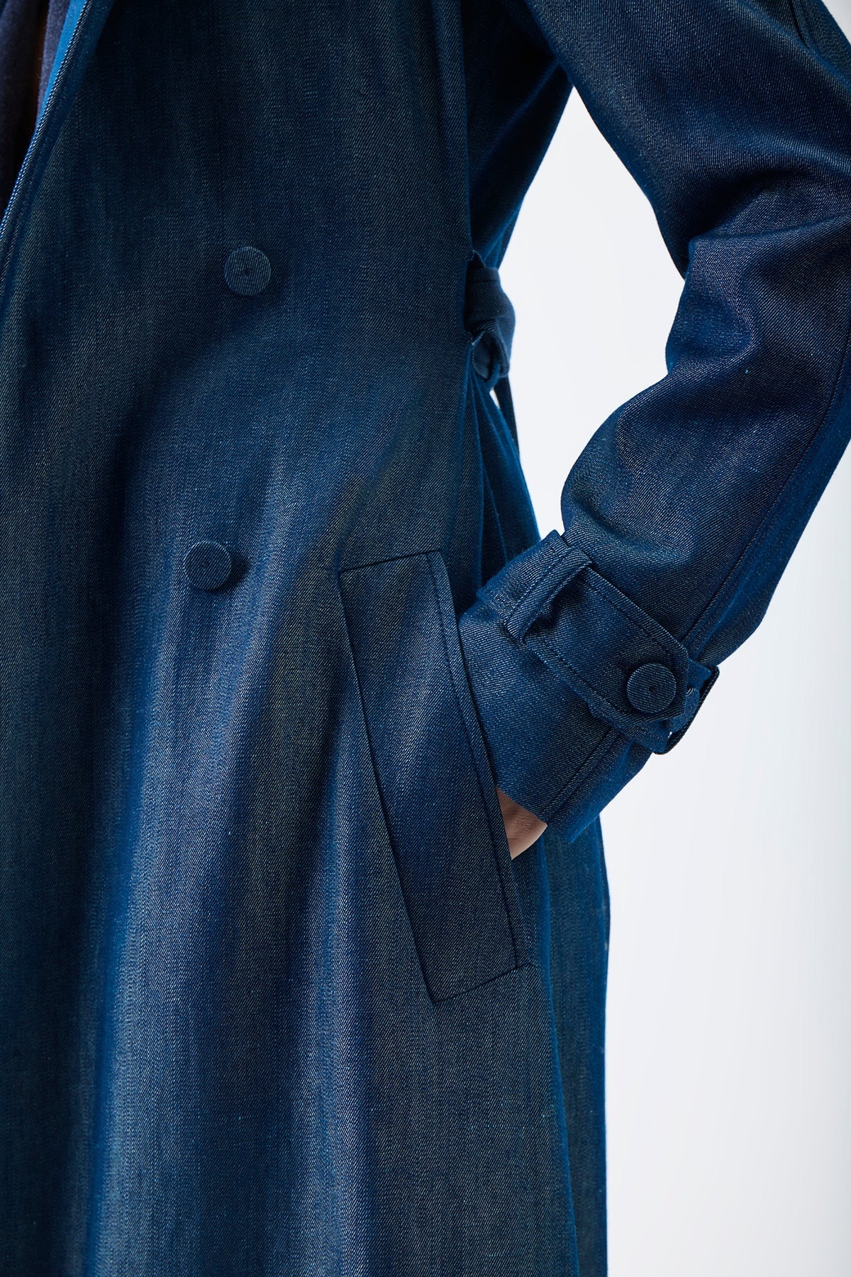 Braden Trench Coat in Deep Blue Wool Linen - 7