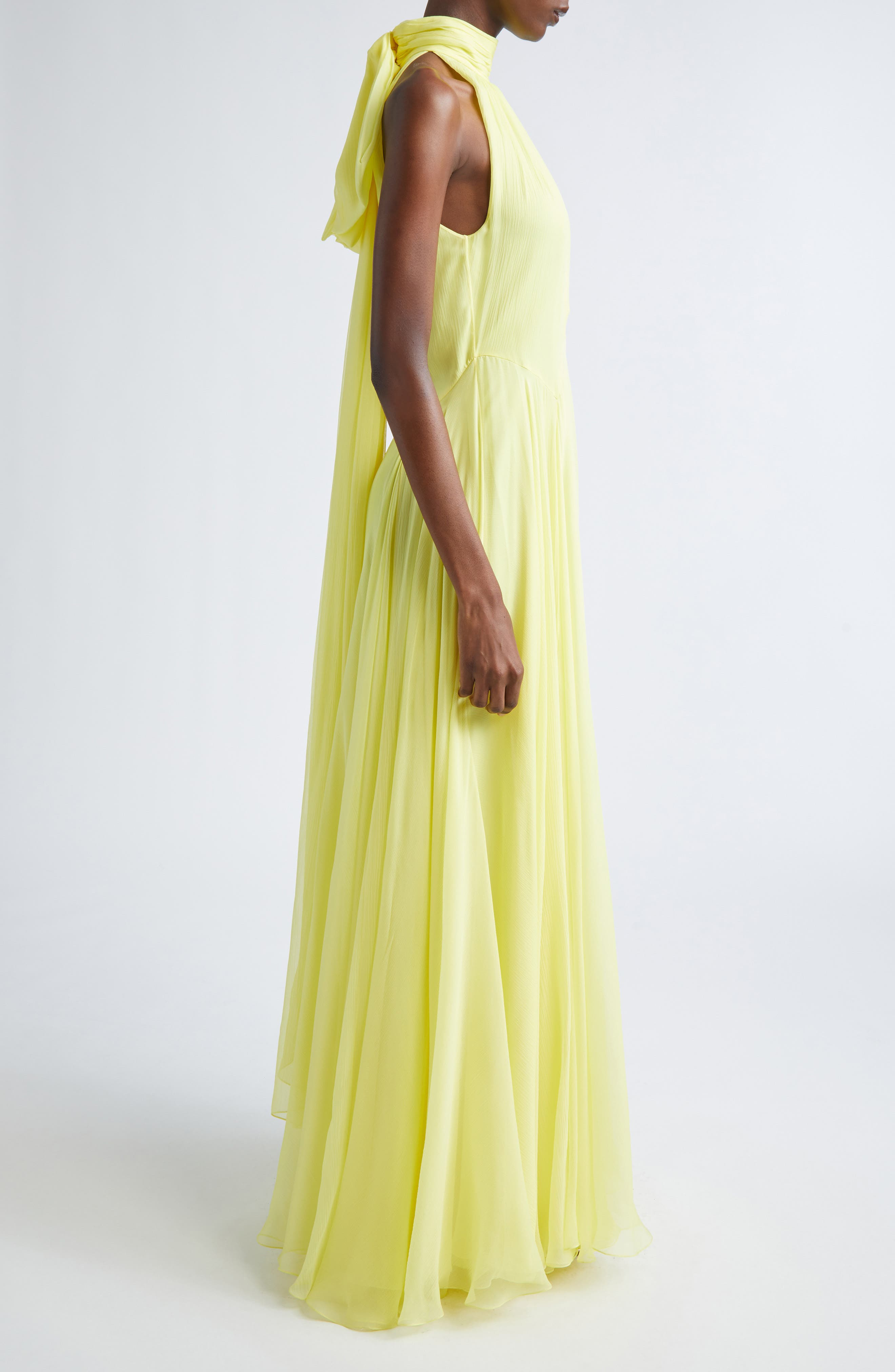 Givenchy Bow Back Pleated Silk Chiffon Gown in Acid Yellow at Nordstrom - 3