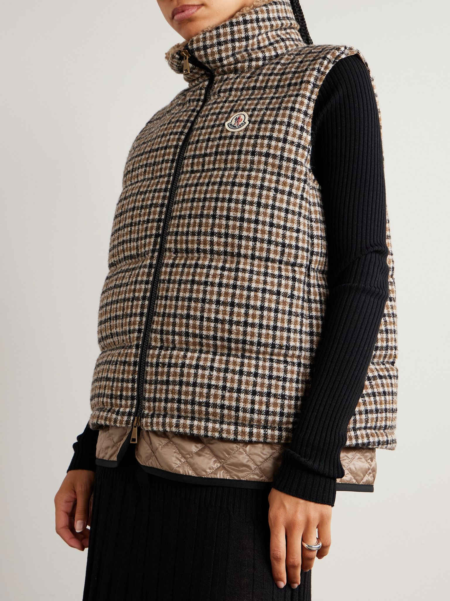 Touvet appliquéd layered quilted checked wool-blend tweed down vest Taupe - 3