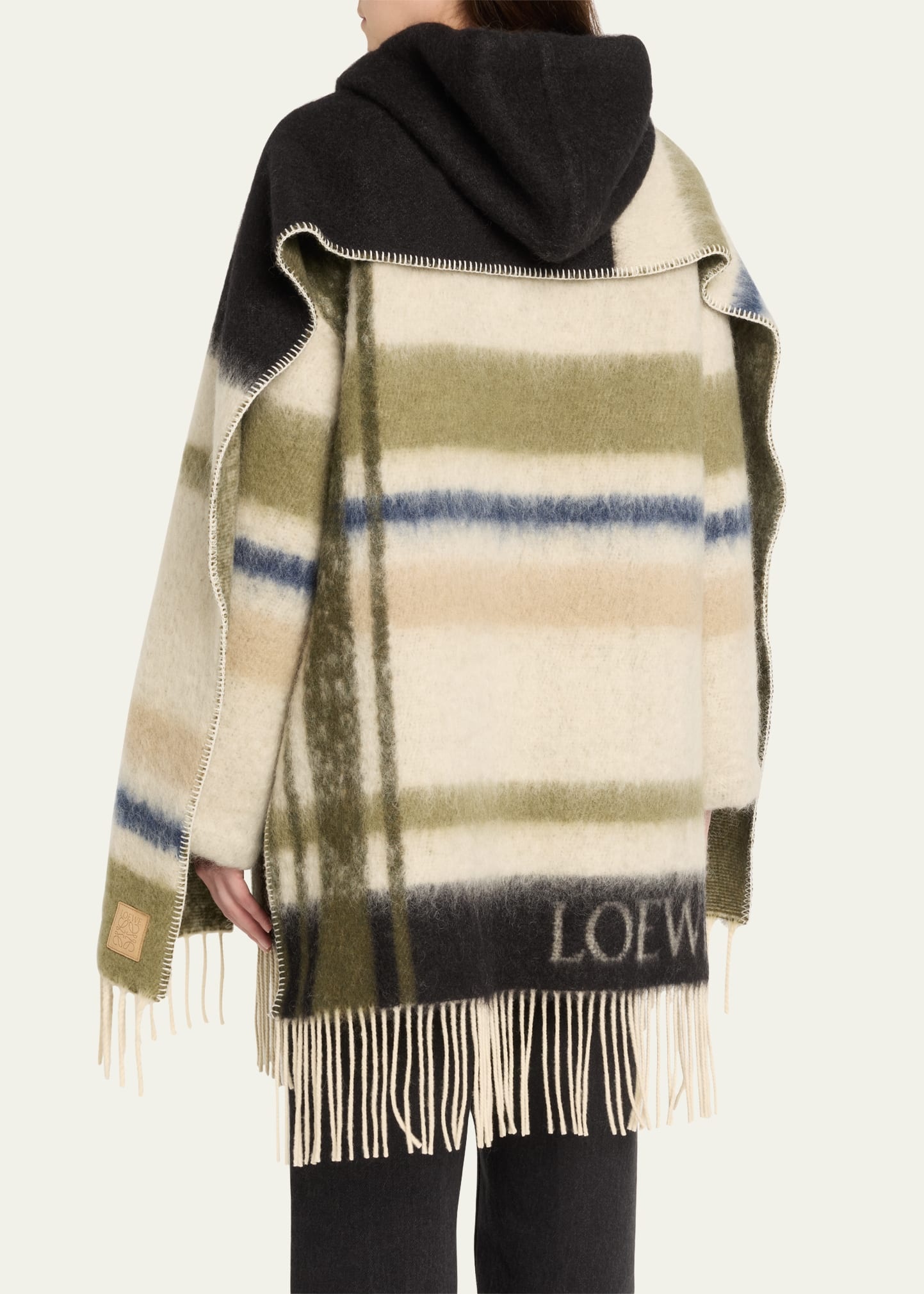 Stripe Hooded Mohair Wool Scarf Coat - 3