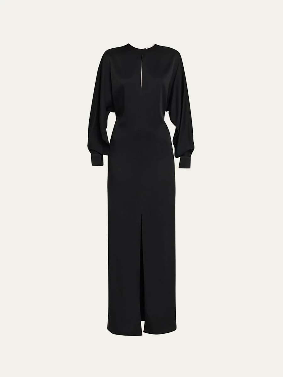 Slit Long-Sleeve Satin Gown - 1