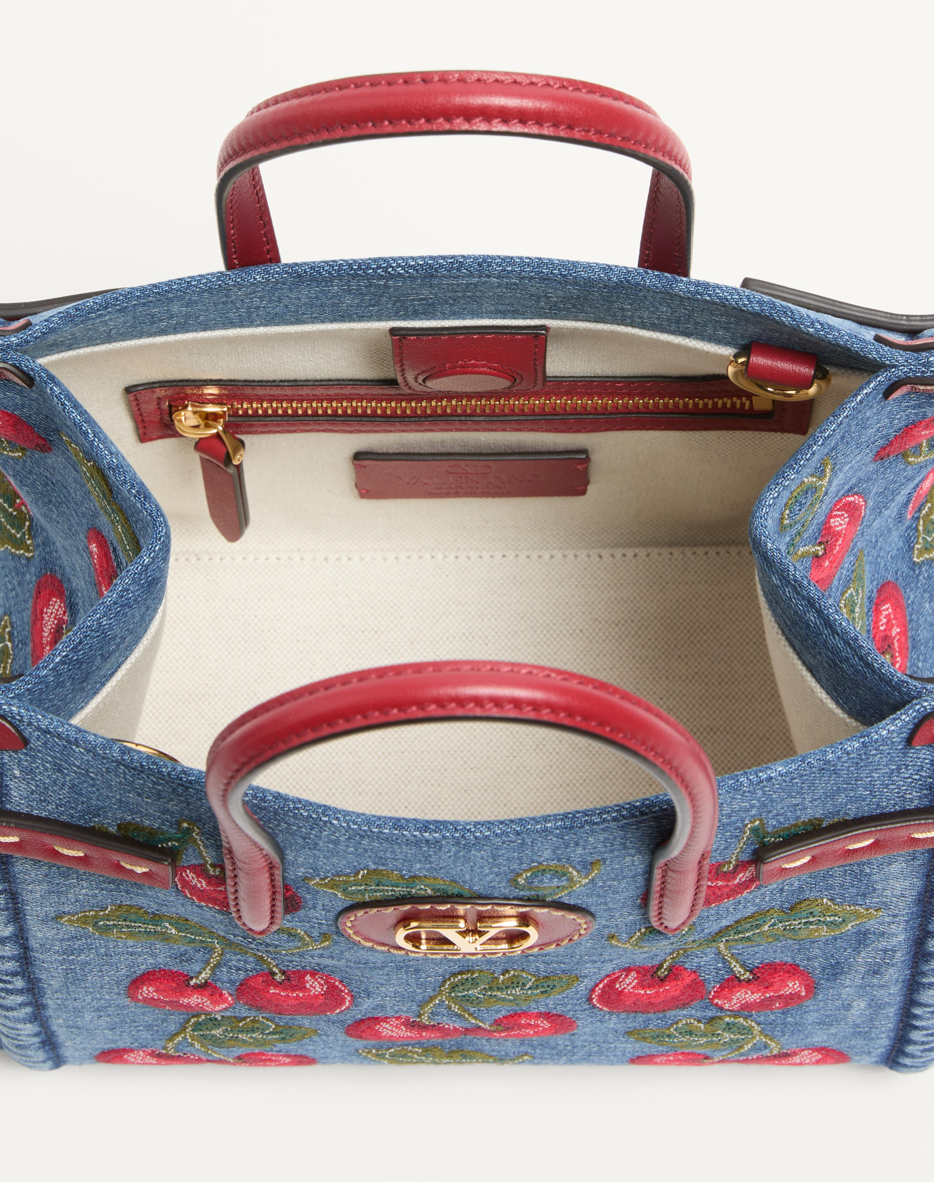VALENTINO GARAVANI ANTIBES SMALL SHOPPING BAG IN DENIM WITH CHERRYFIC EMBROIDERY - 5