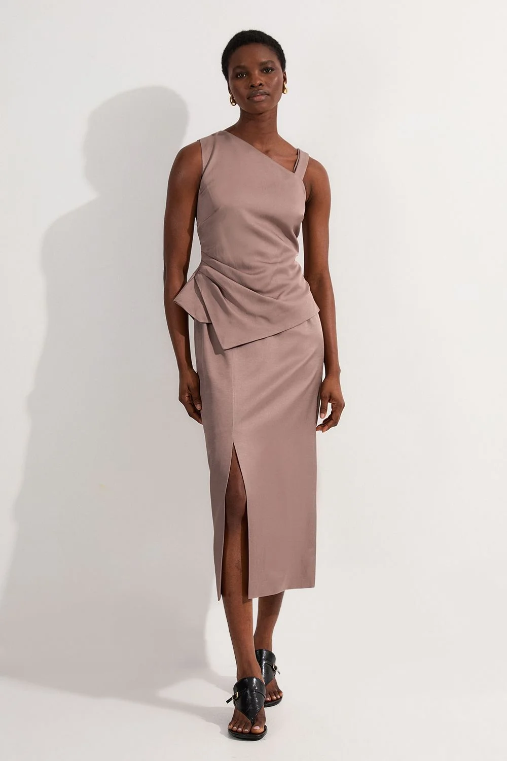 Petite Premium Viscose Linen Asymmetric Neck Tailored Pencil Maxi Dress - 1