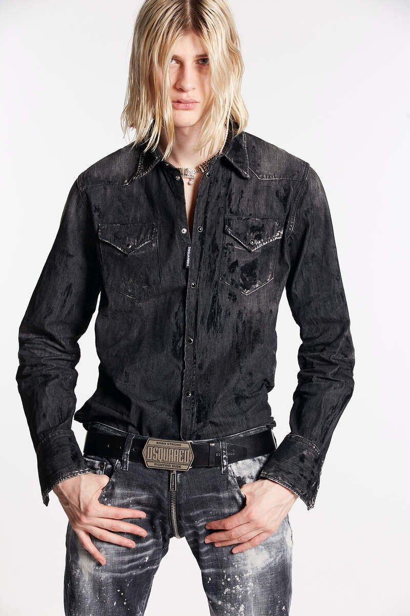 BLACK FLOCK COATED WASH CLASSIC WESTERN SHIRT - 1