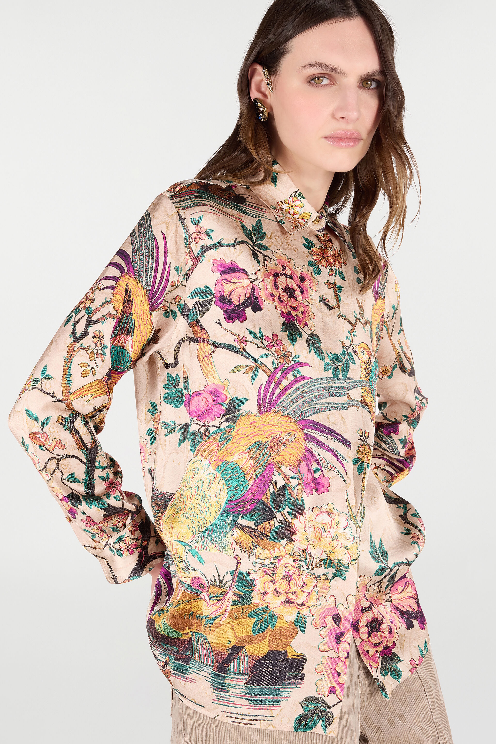 Silk Shirt with Floral and Pheasant Print - 6