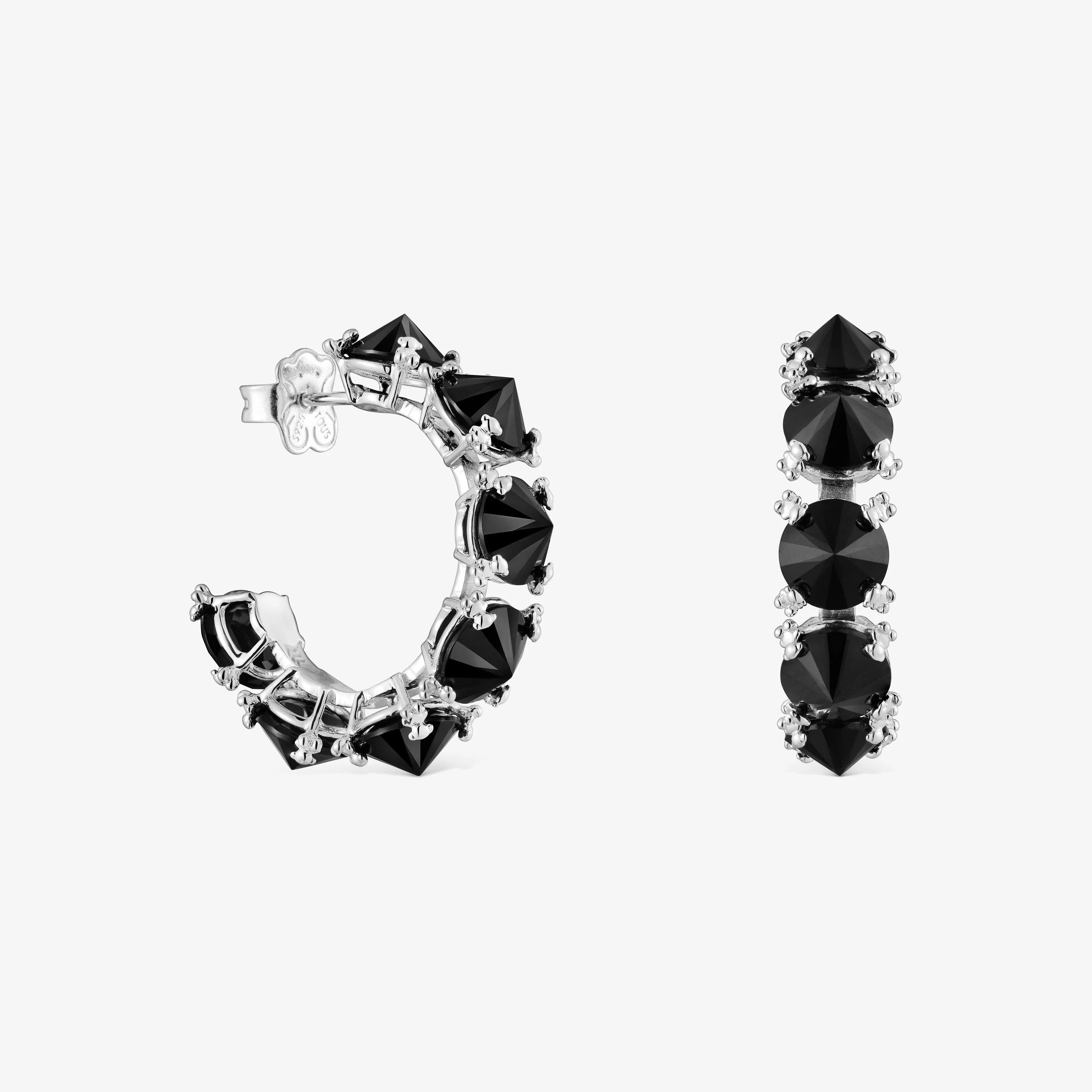 Large silver Color Pills Hoop earrings with onyx - 1