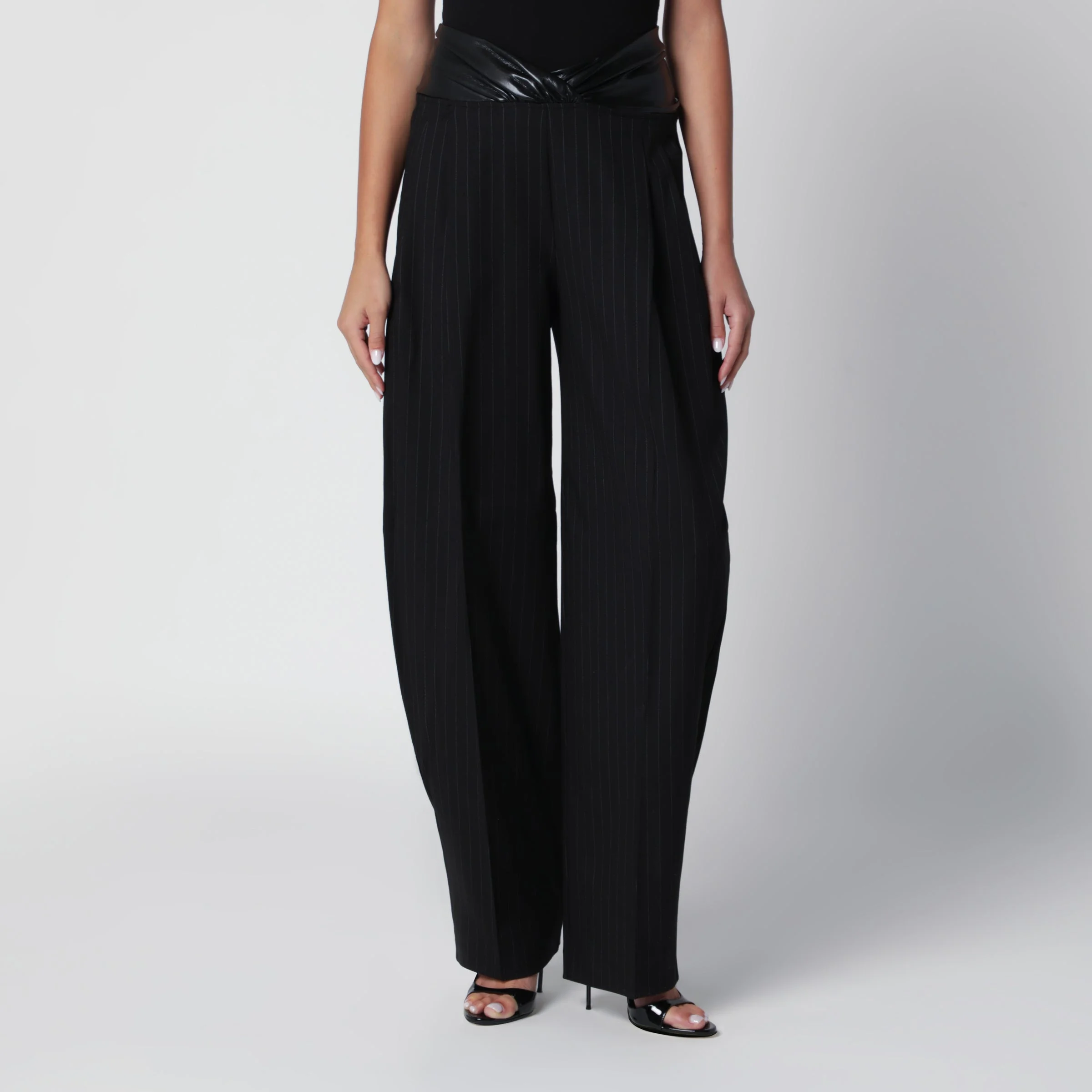 Wide-Leg Black and White Wool Gabardine Trousers - 1