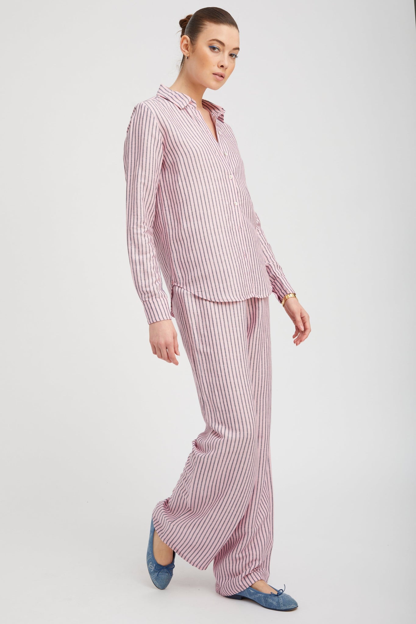 PINK INDIGO STRIPE LINEN FONDA BUTTON DOWN - 4