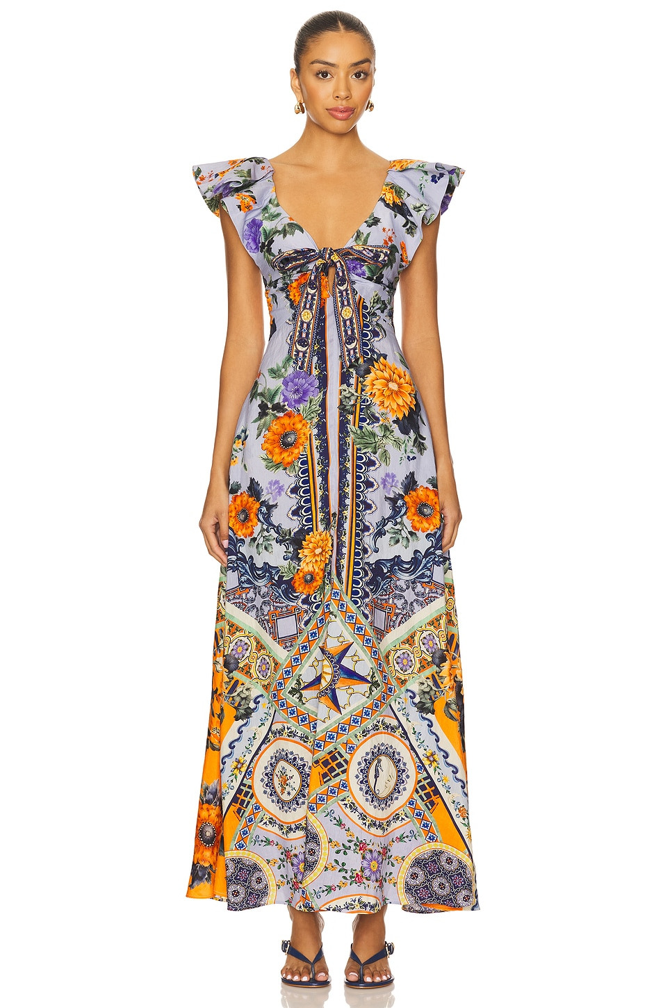 Tie Front Frill Sleeve Long Dress - 2