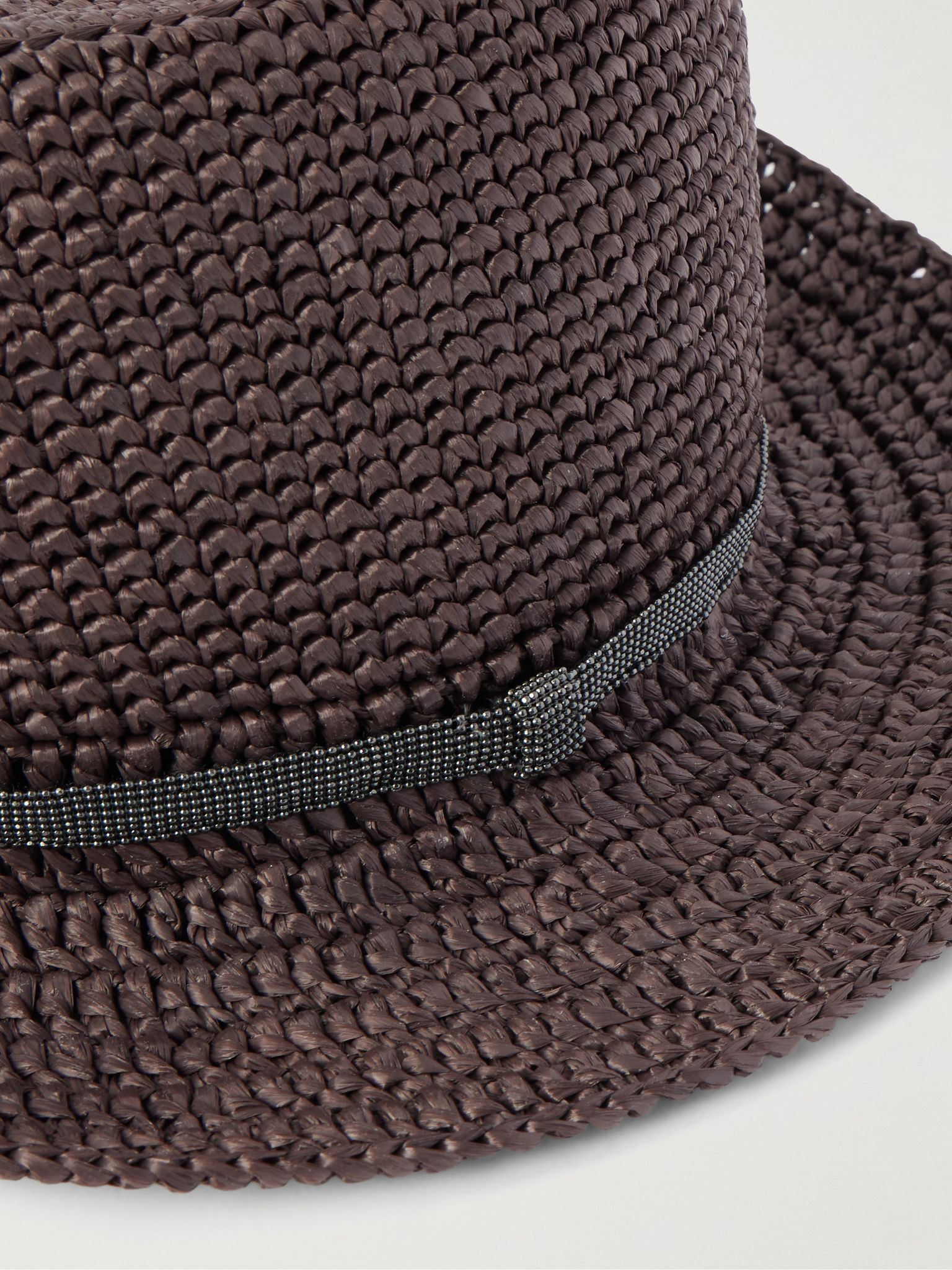 Bead-embellished faux raffia bucket hat Dark brown - 3