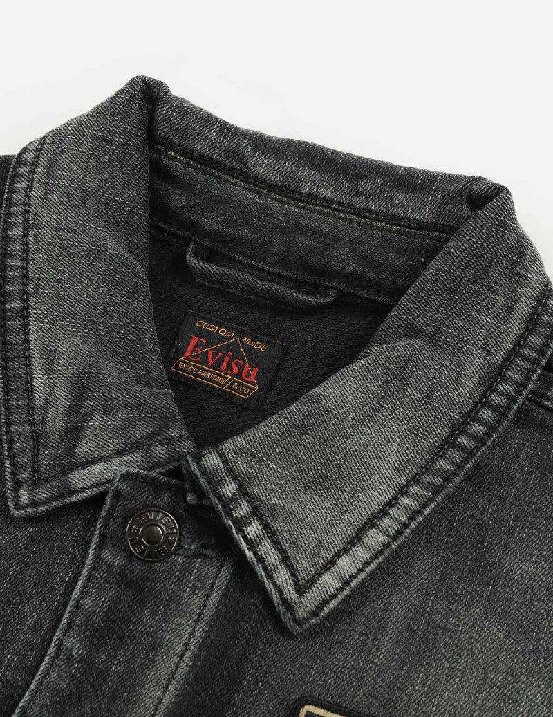 WASHED MULTIPLE BADGES AND BRUSHSTROKE DAICOCK PRINT RELAX FIT DENIM JACKET 7