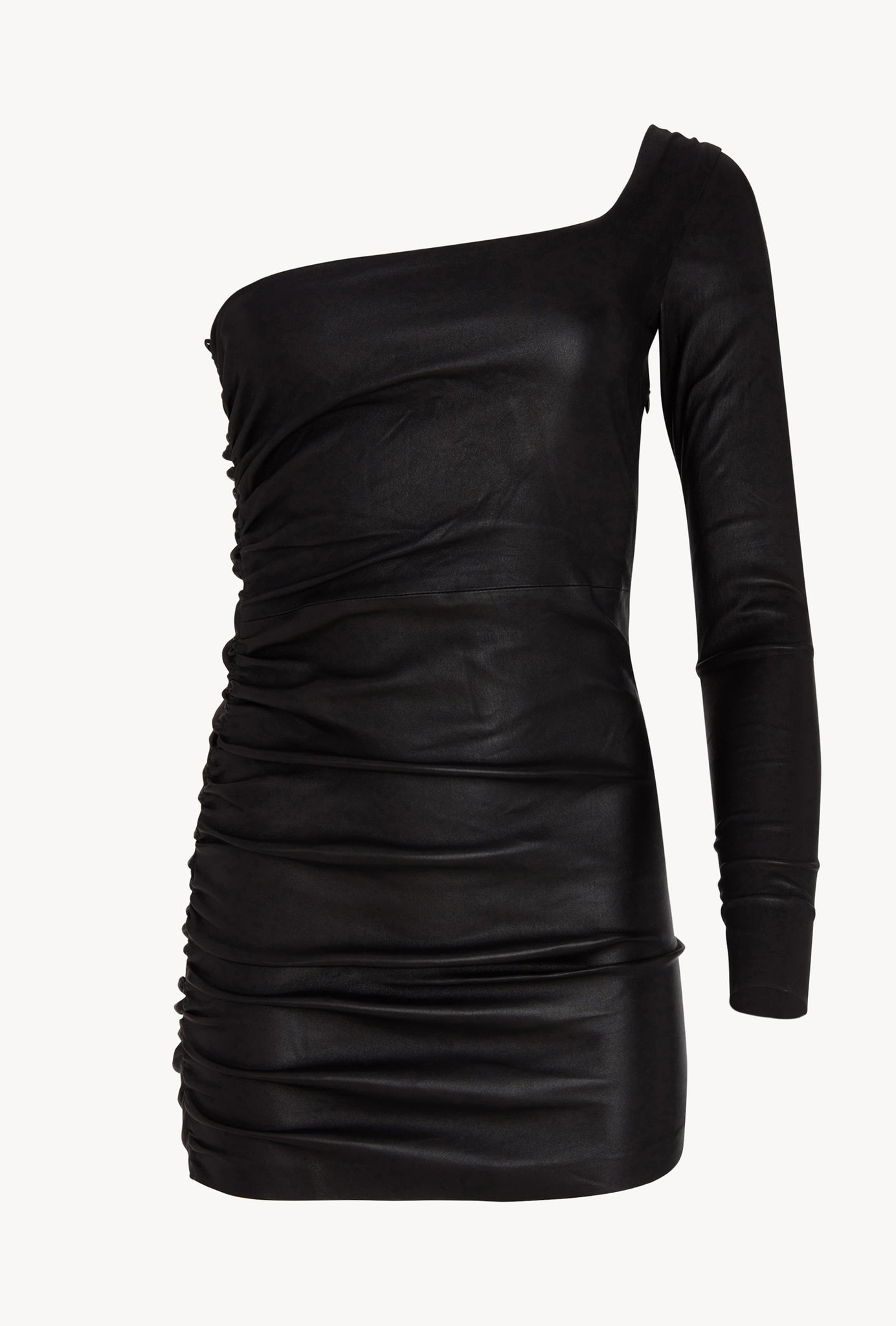 BLACK LEATHER ONE SHOULDER SHIRRED DRESS - 2