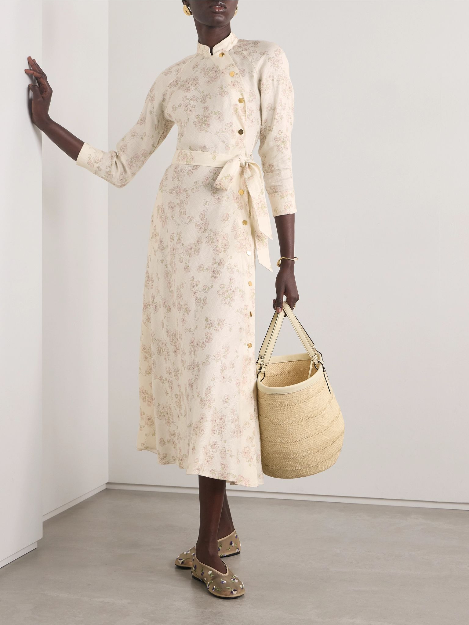 Belted floral-print linen and cotton-blend midi dress Cream - 2