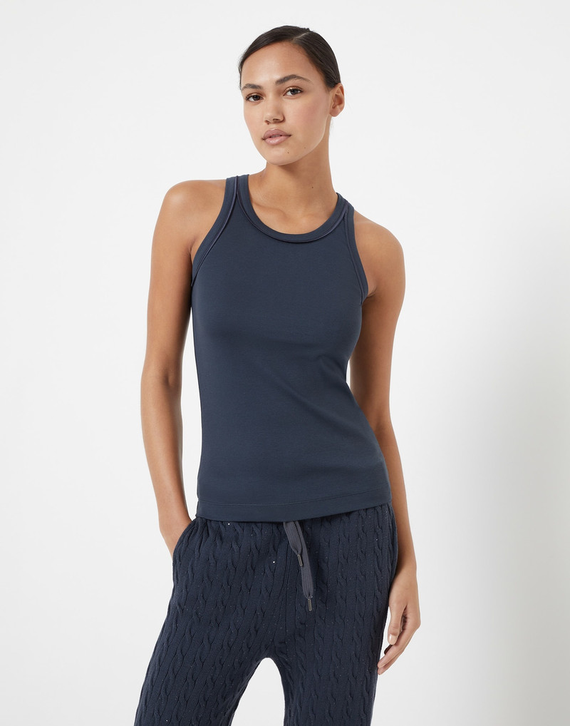 Stretch cotton ribbed jersey top with satin trims 1