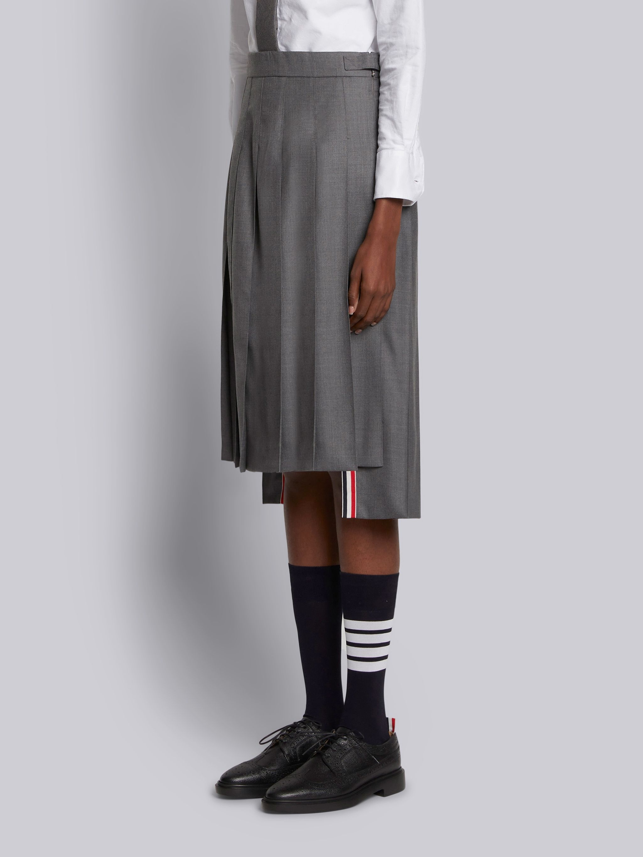 Medium Grey Super 120's Twill Dropped Back Below-the-knee Pleated Skirt - 2