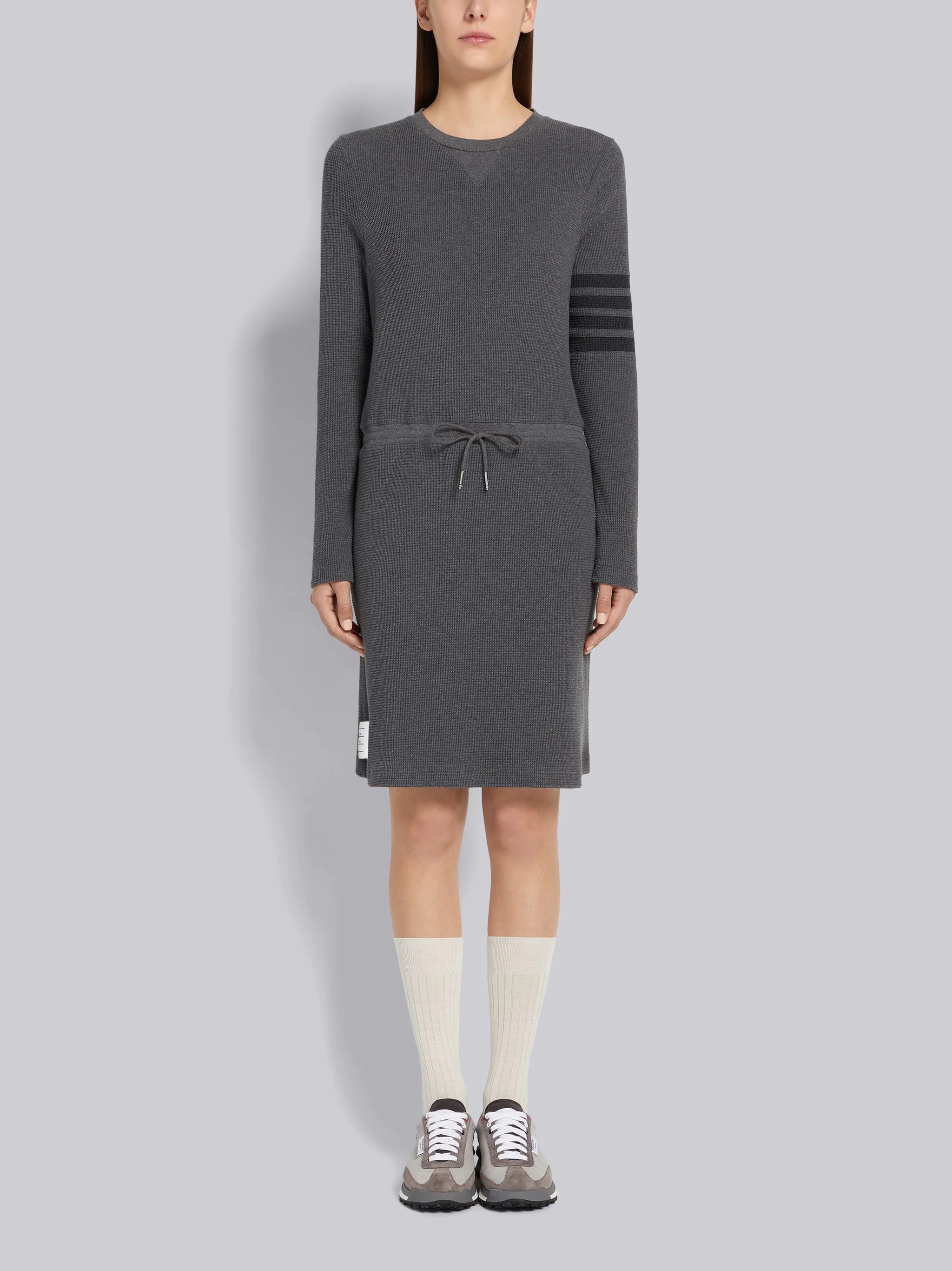 Dark Grey Compact Waffle Seamed in 4-Bar Tie Waist Long Sleeve Knee Length Dress - 1