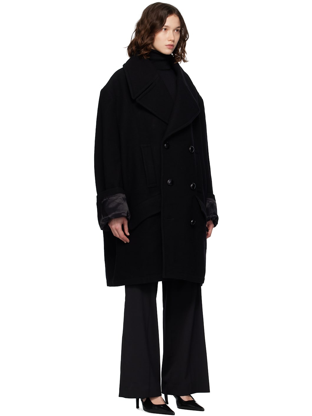 Black Wool Felt Double-Breasted Coat - 2