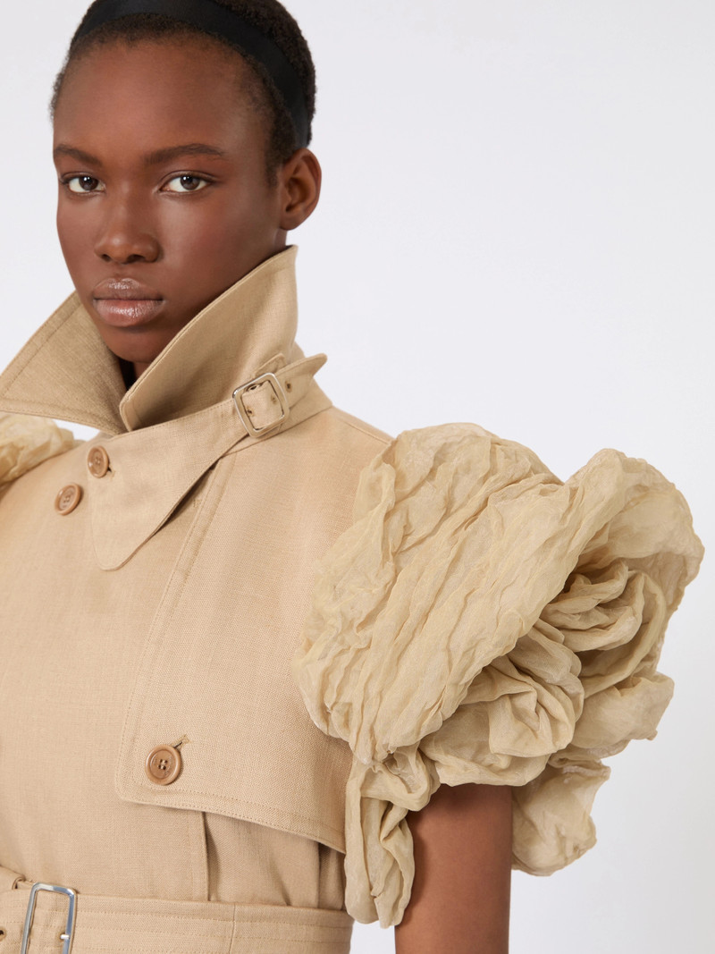 ECRU Sleeveless duster coat in linen basketweave with ruffles - CAMEL 6