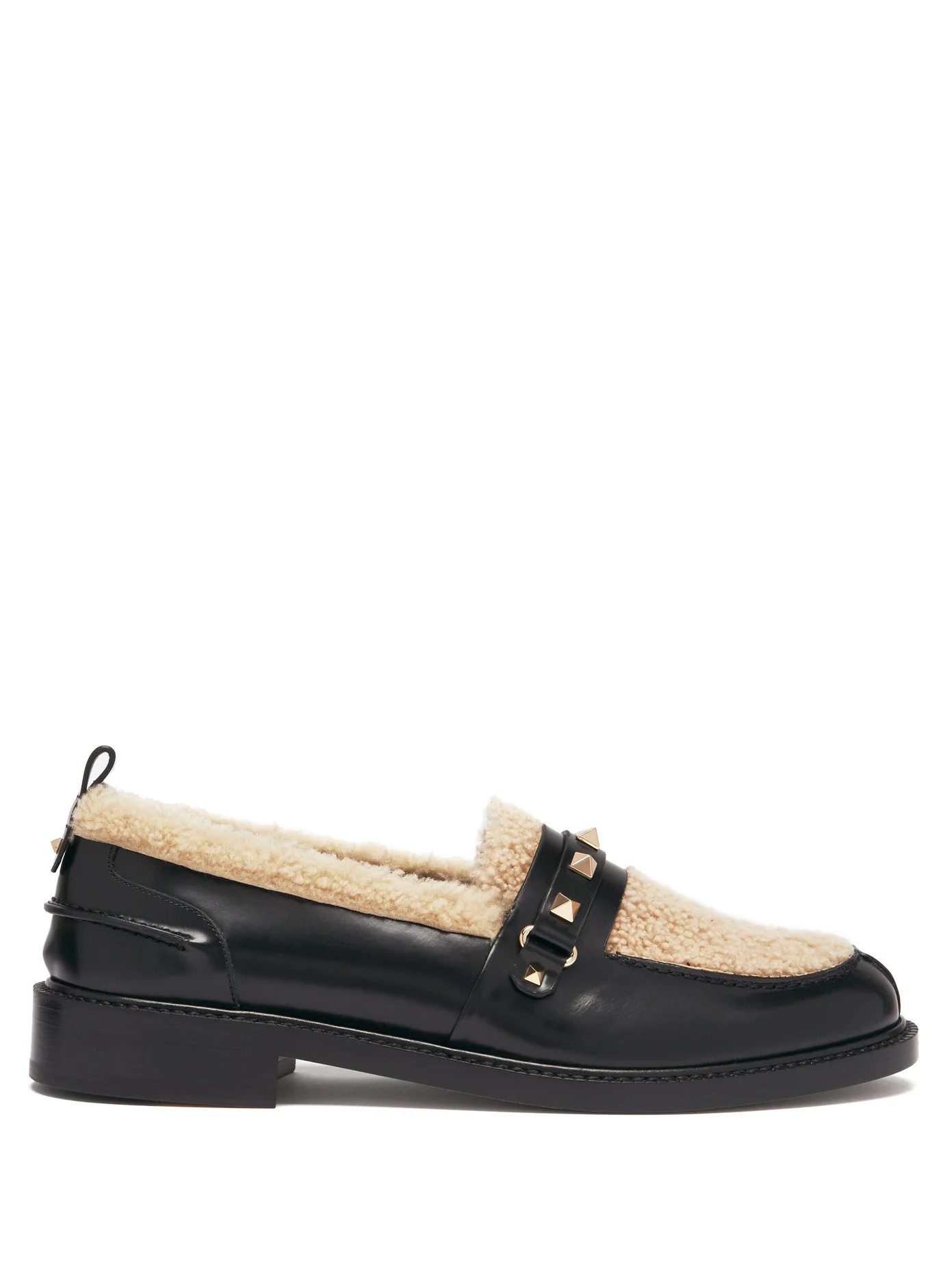 Rockstud shearling-trimmed leather penny loafers - 1