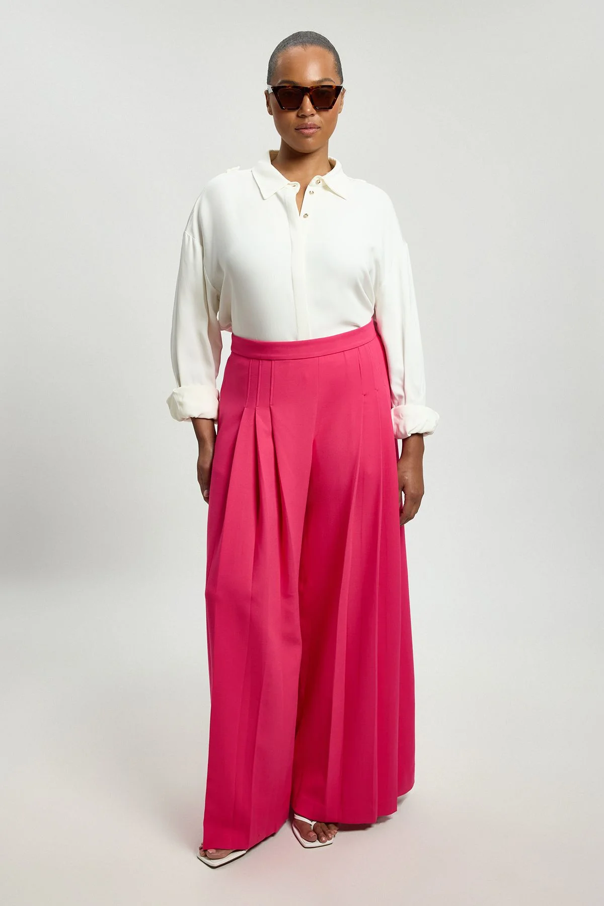 Plus Size Tailored Structured Crepe Pleated Wide Leg Trousers - 1