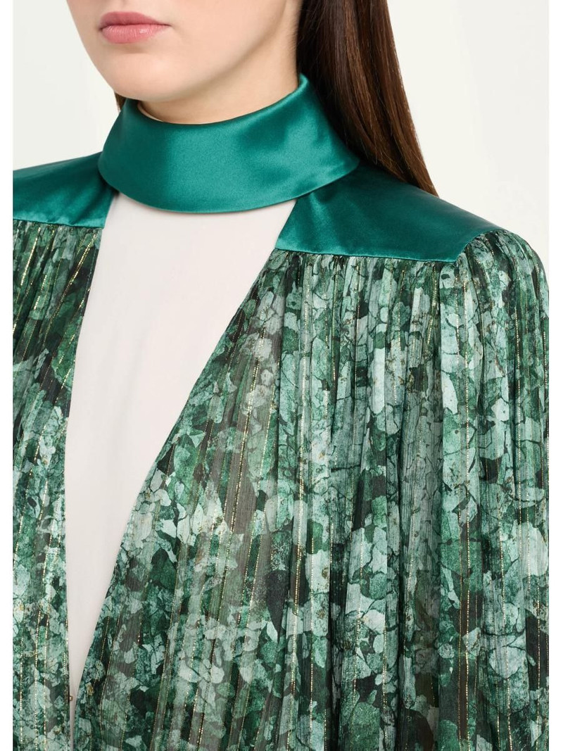 Metallic Silk Chiffon Plisse Long-Sleeve Blouse 5