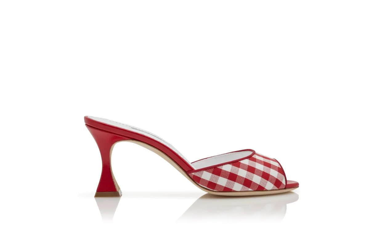 Red and White Cotton Gingham Mules - 1