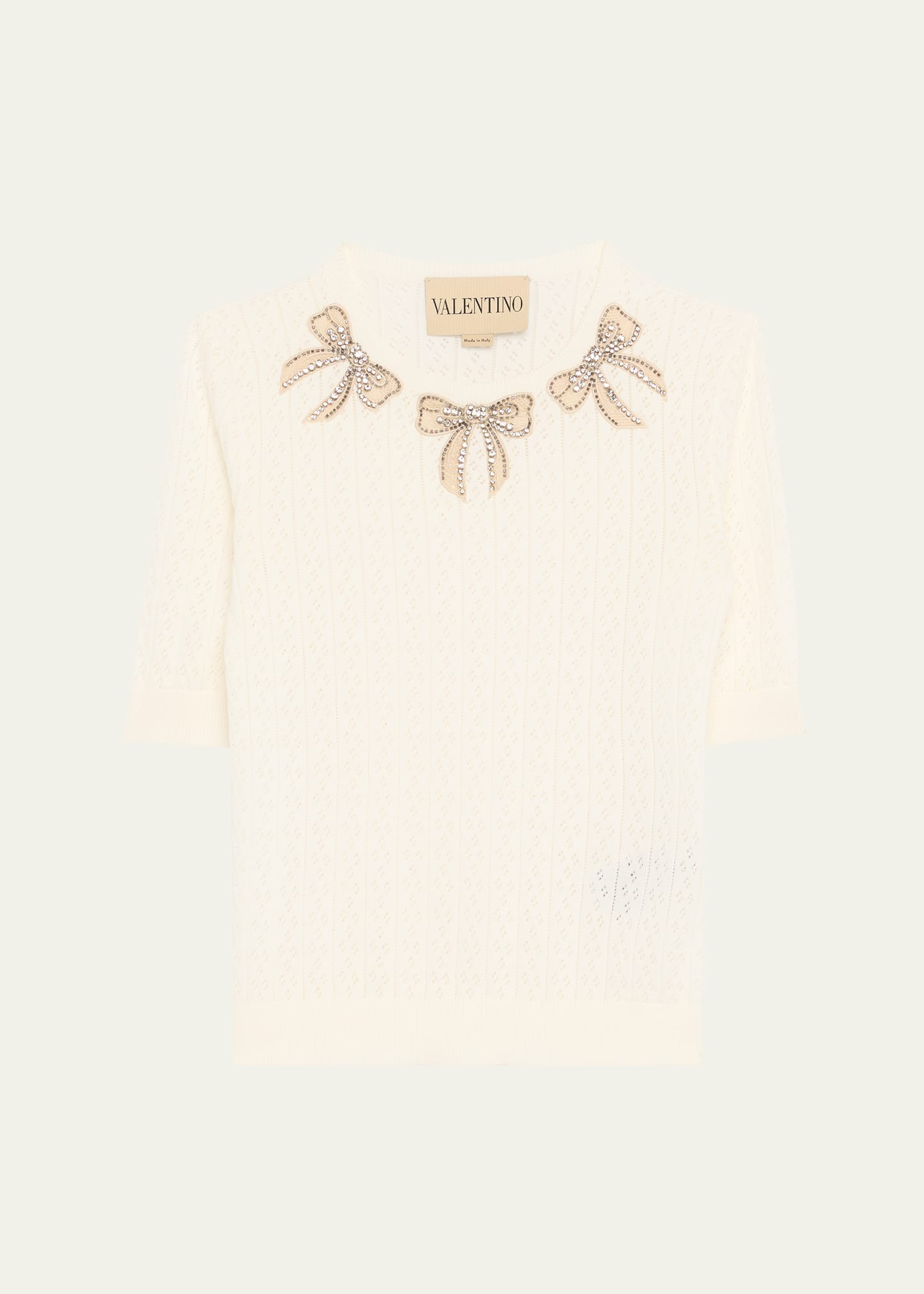 Crystal Bow Collar Short-Sleeve Pointelle Knit Top - 1