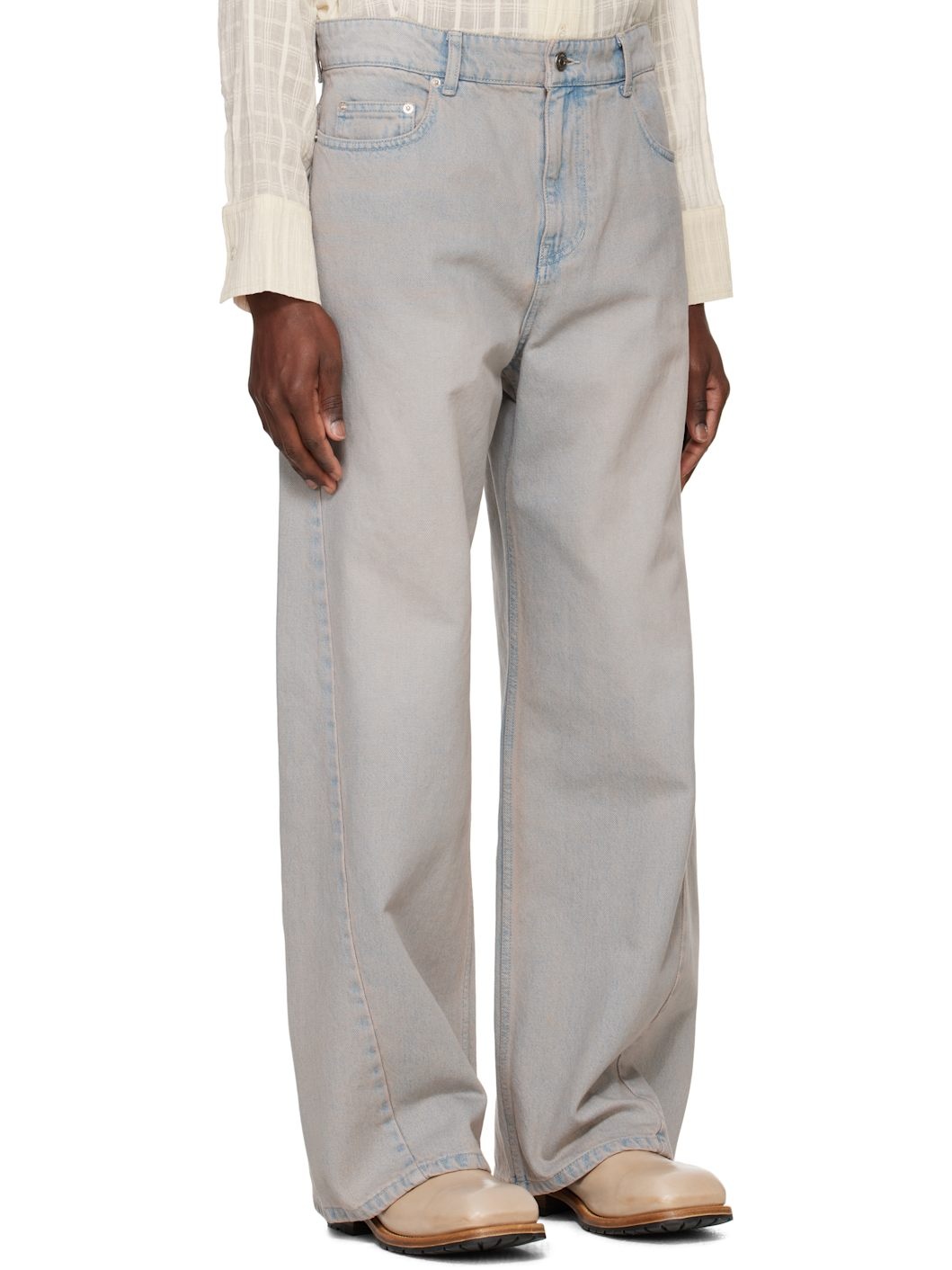 Beige Twisted Side Seam Denim Jeans - 2