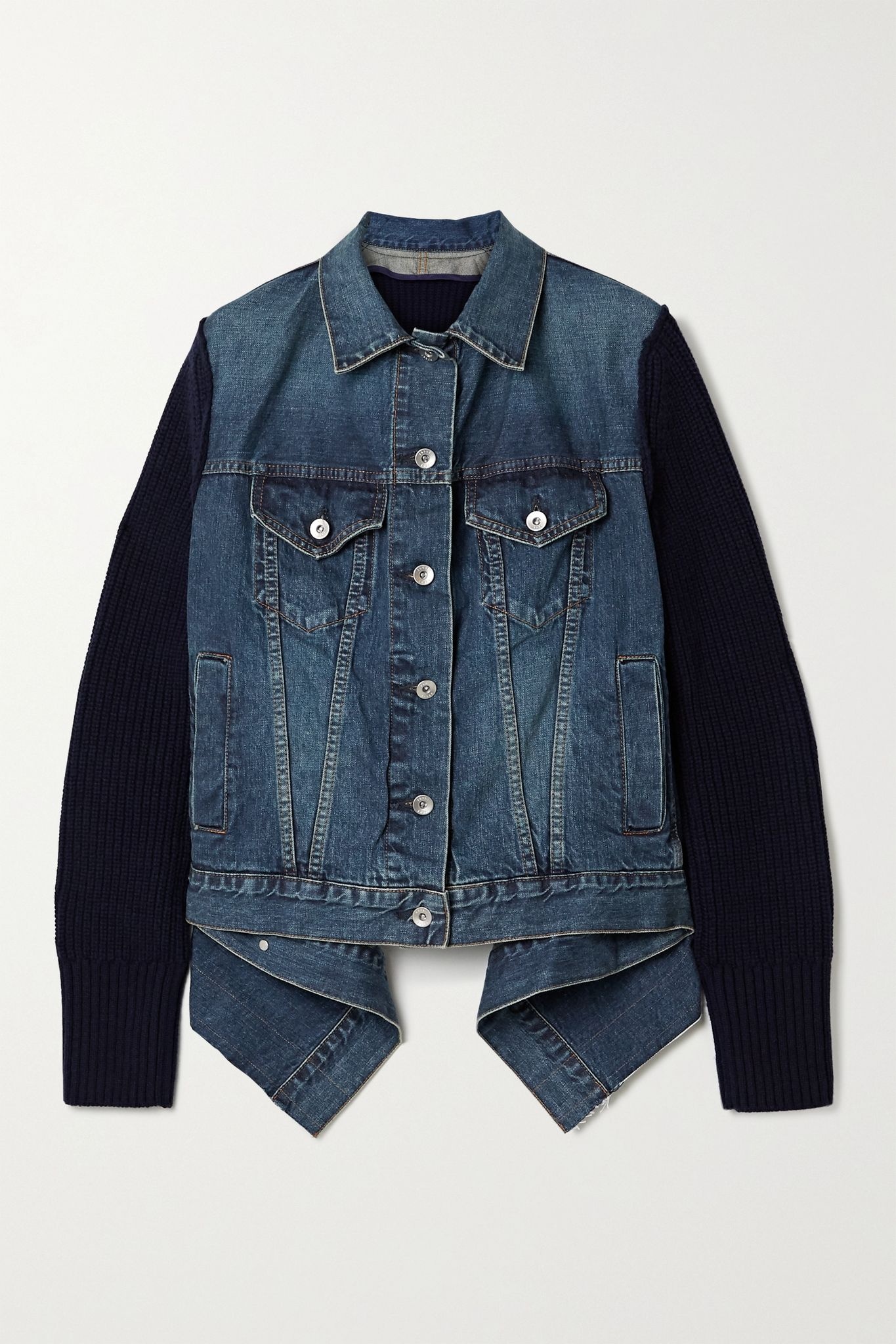 Asymmetric shell-trimmed paneled denim and ribbed wool jacket - 1