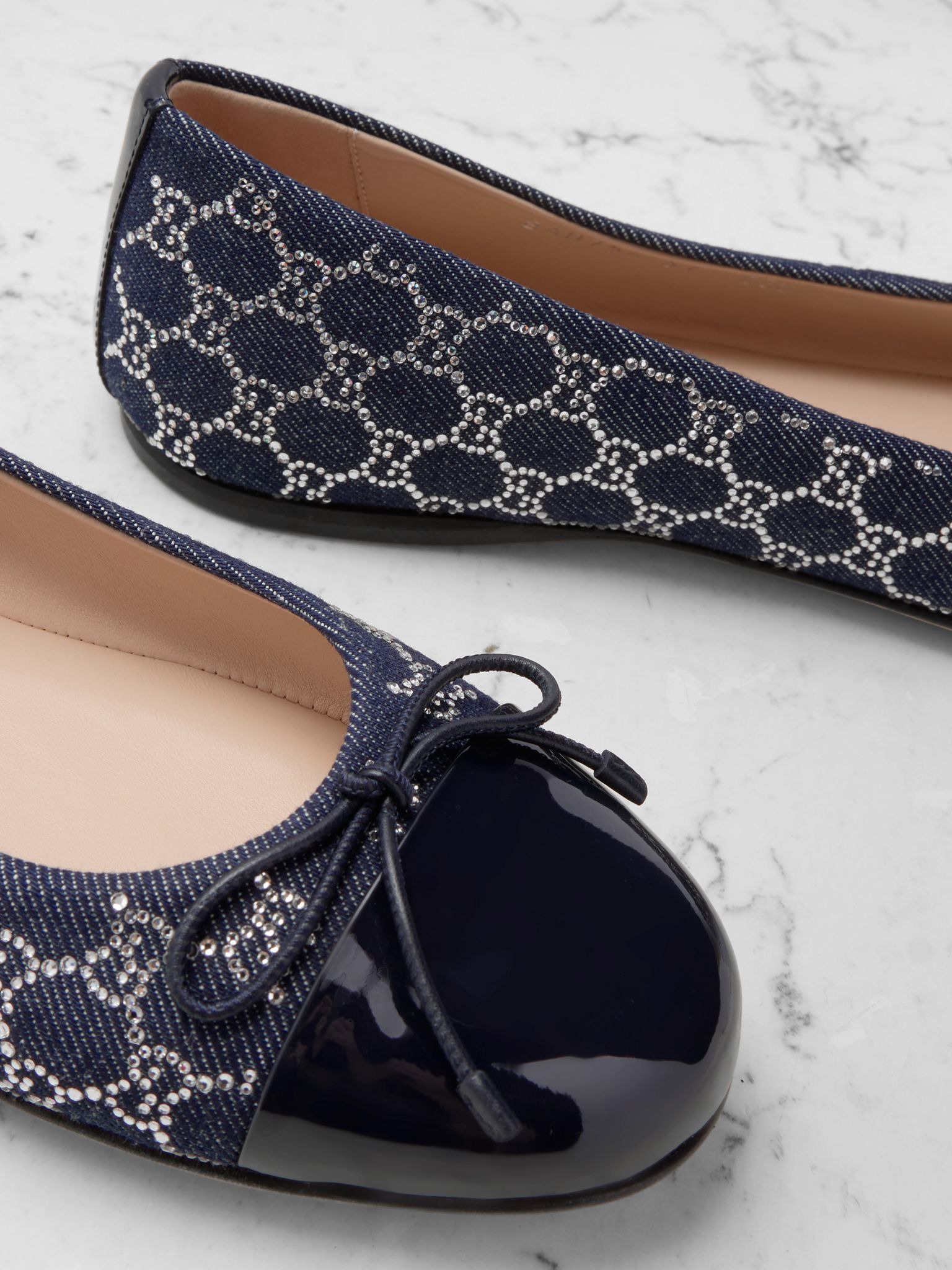 New Marmont crystal-embellished leather-trimmed denim ballet flats Navy - 4