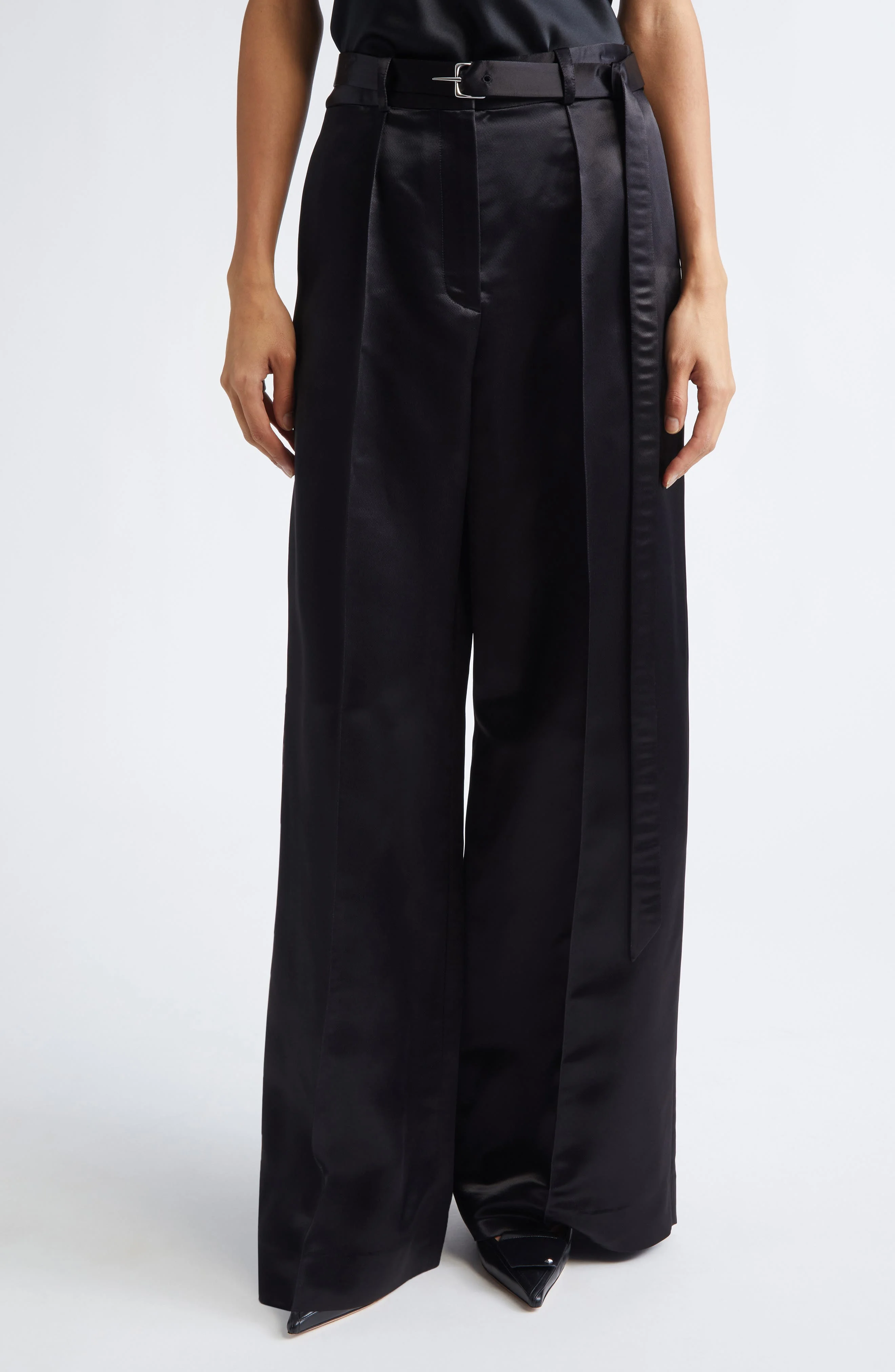 GRACE LING Liquid Satin Belted Wide Leg Pants in Black at Nordstrom - 1
