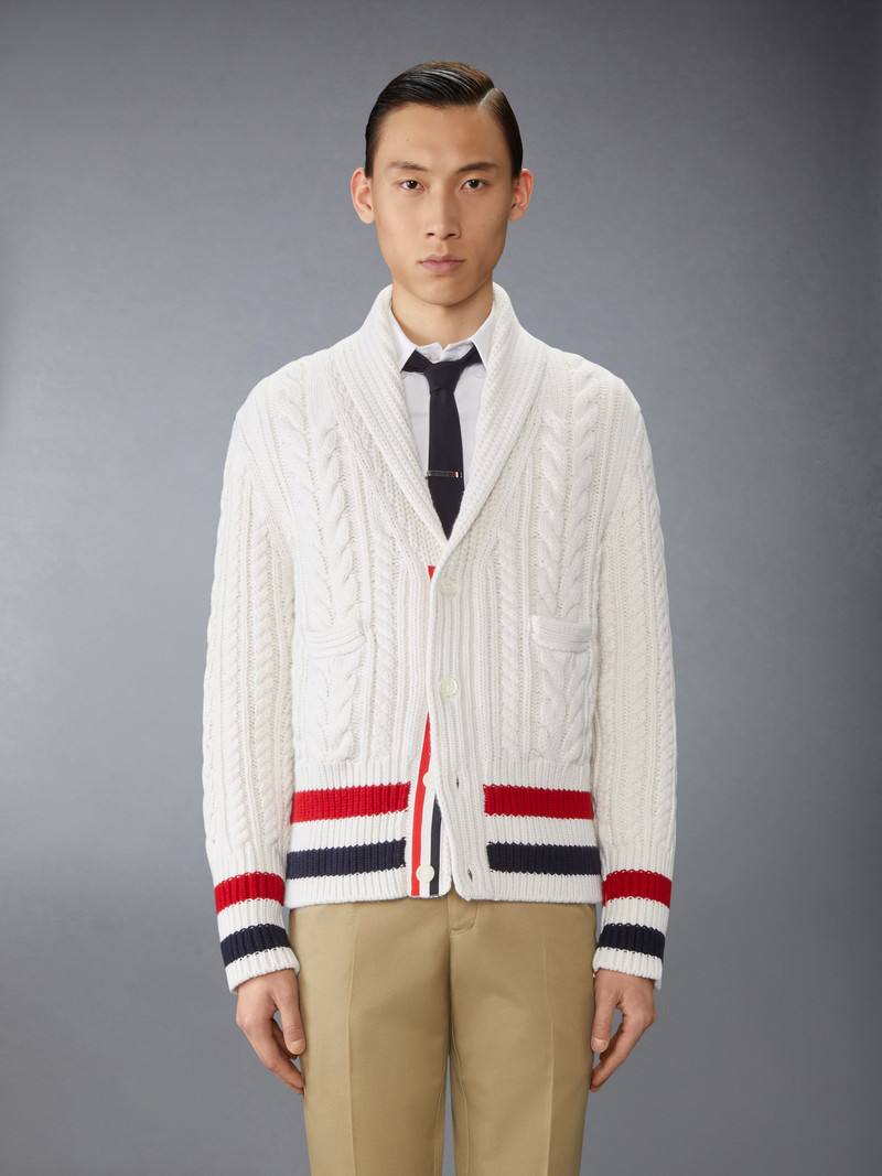Thom Browne ARAN CABLE CASHMERE RWB STRIPE CARDIGAN outlook