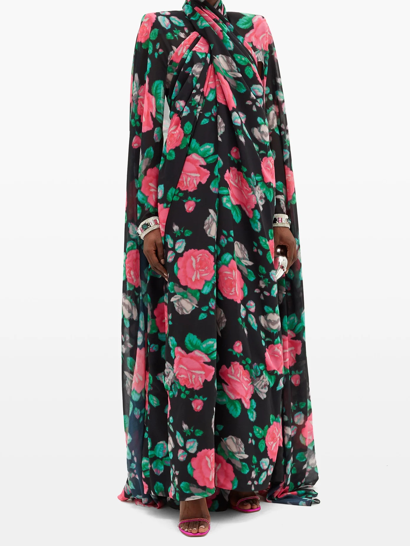 Rose cape-sleeve floral-print chiffon gown - 2