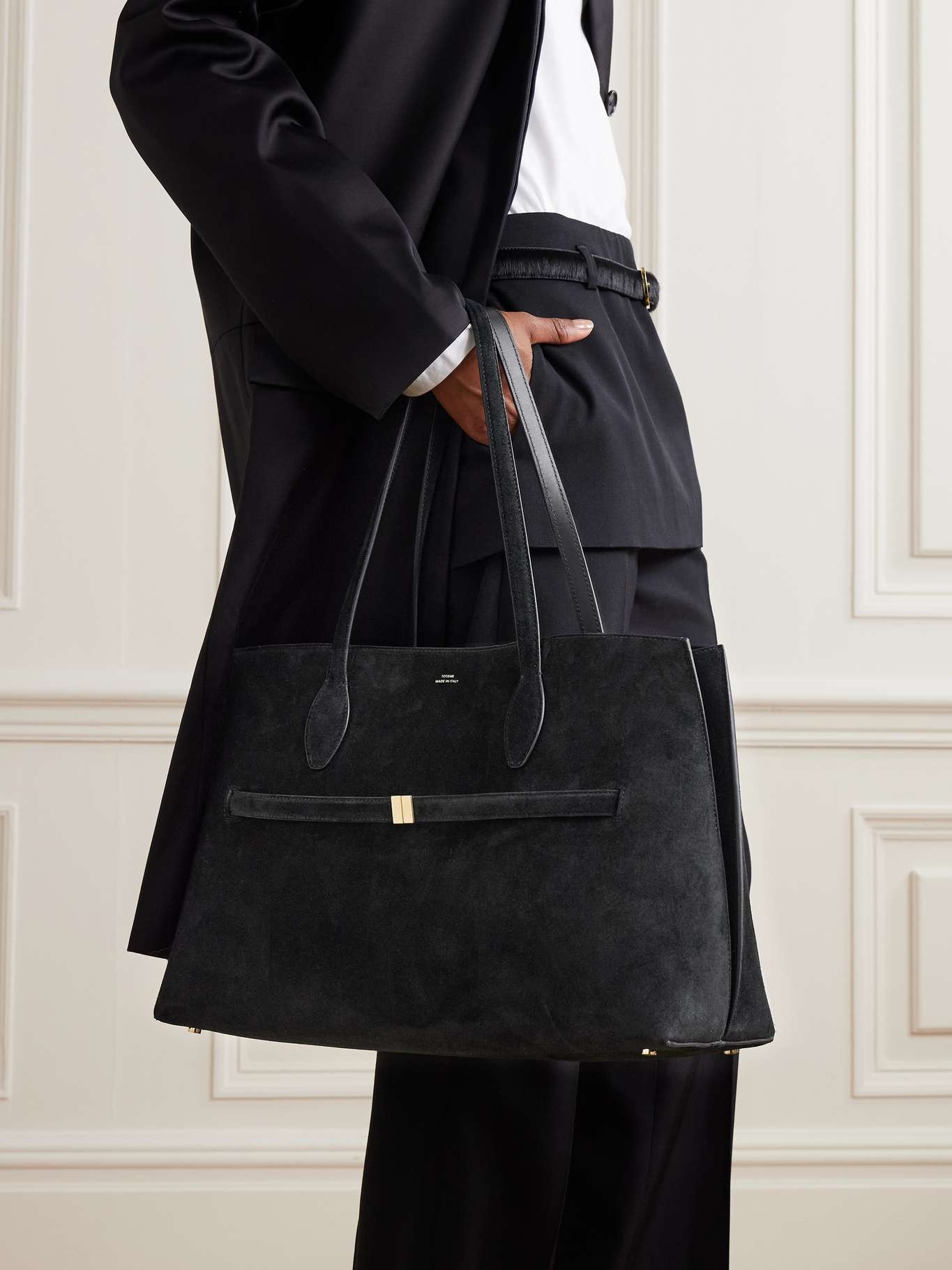 Lounge large leather-trimmed suede tote Black - 2
