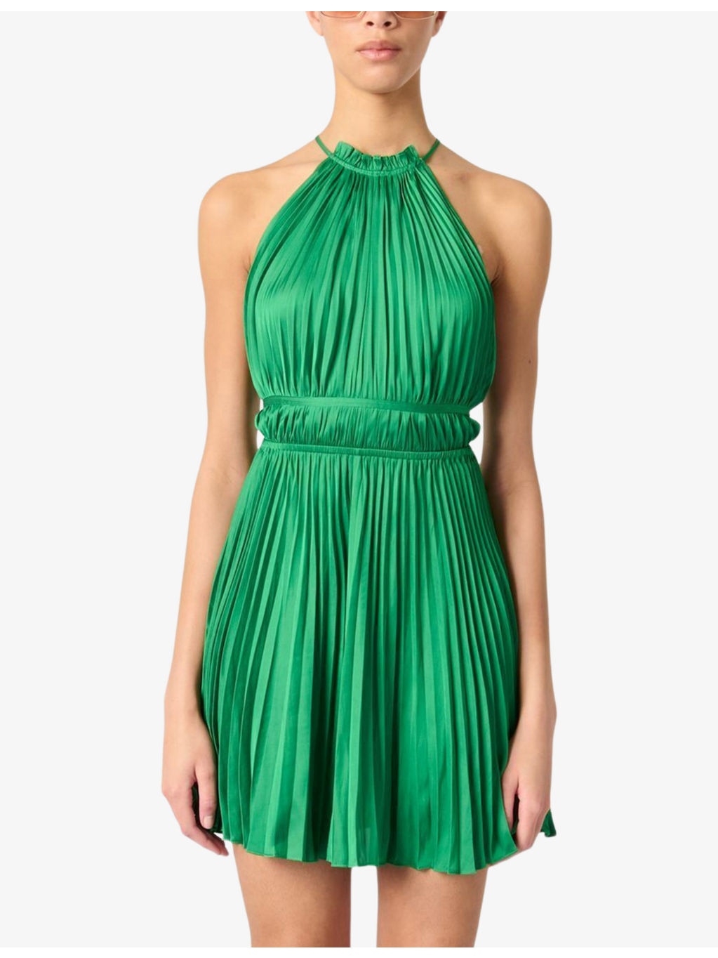 Halter-Neck Tie-Waist Pleated Woven Mini Dress - 3