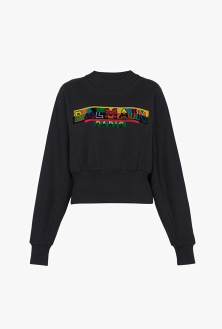 Cropped black eco-designed cotton sweatshirt with pixel Balmain logo - 1