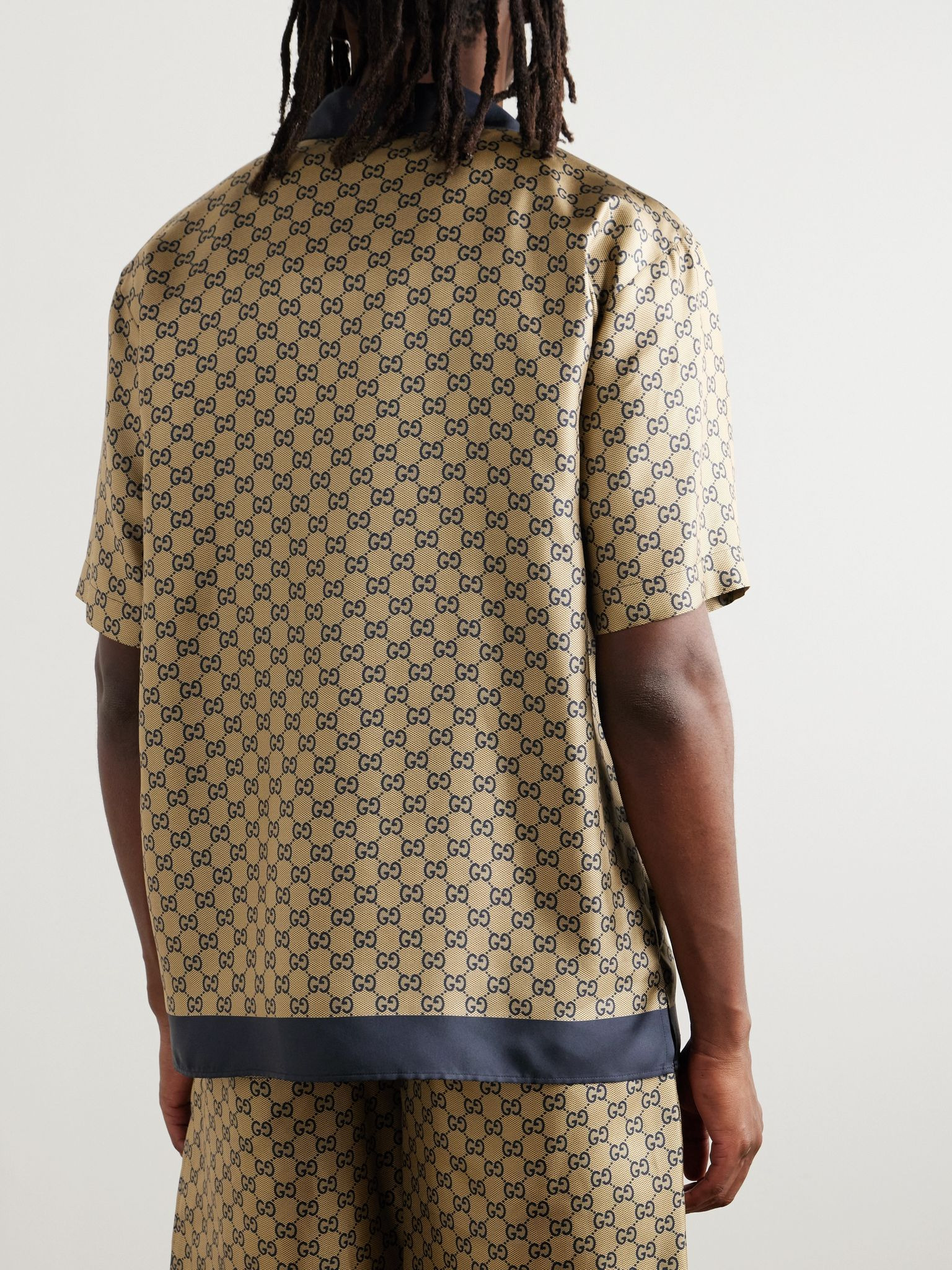 Camp-Collar Silk-Jacquard Shirt Beige - 3