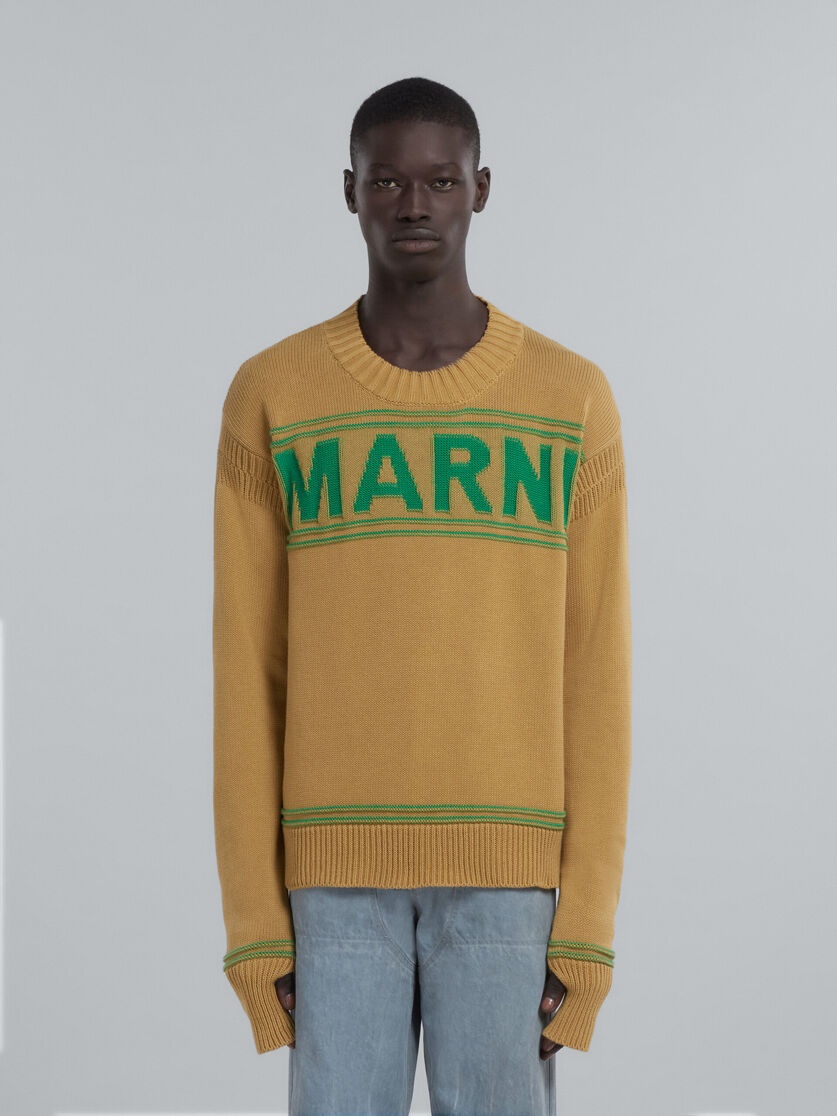DARK YELLOW COTTON-KNIT SWEATER WITH INLAID LOGO - 2