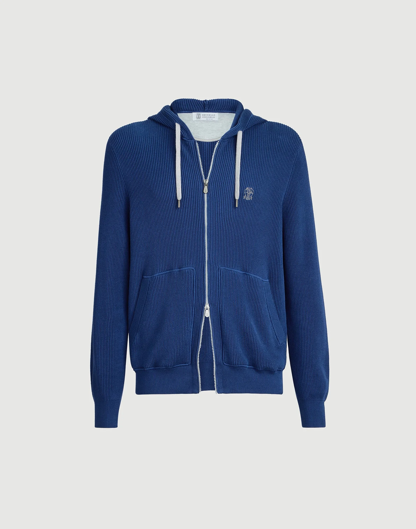 Cotton English rib knit hooded sweatshirt with logo and zipper - 1