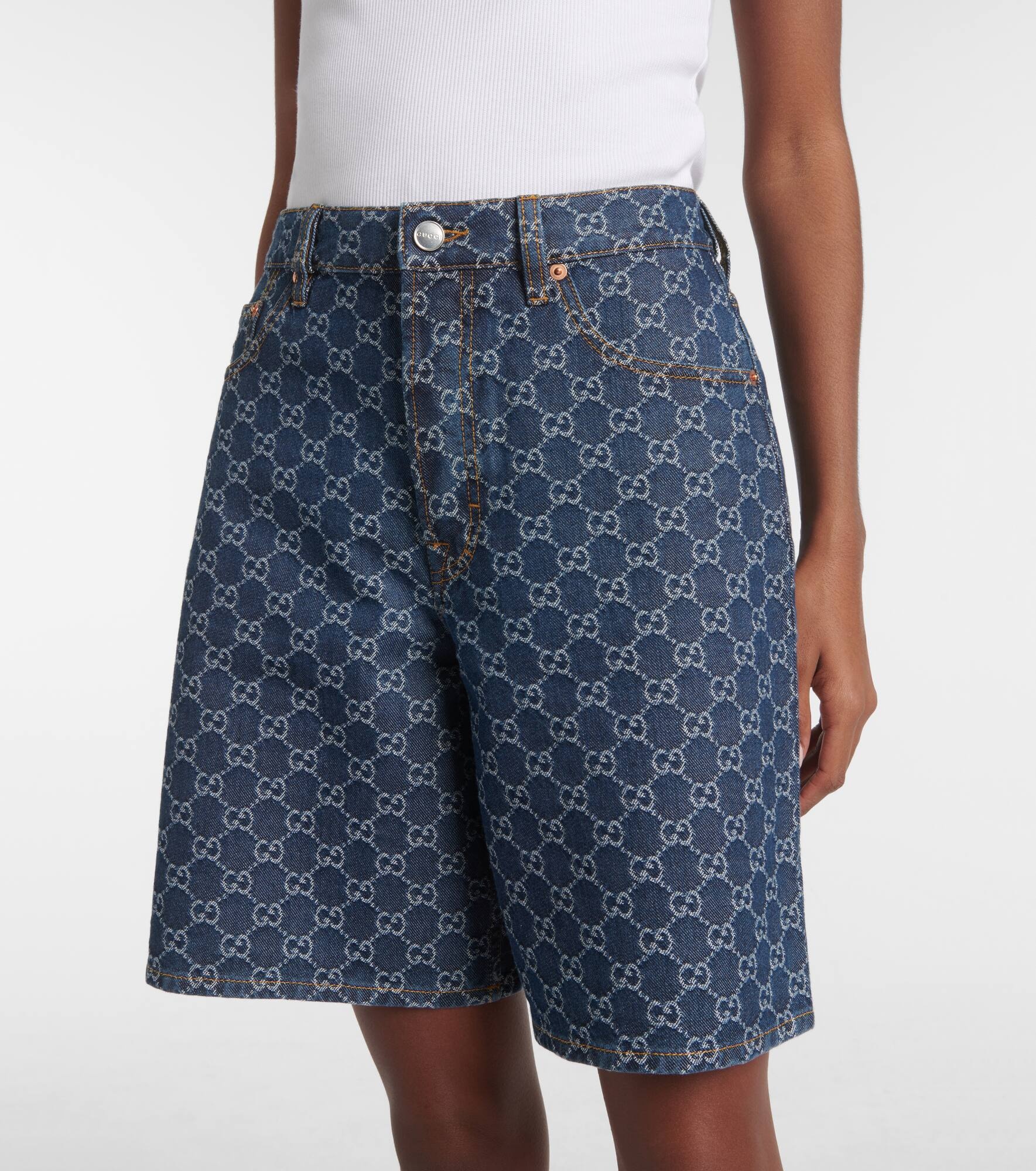 Leather-trimmed denim Bermuda shorts - 5