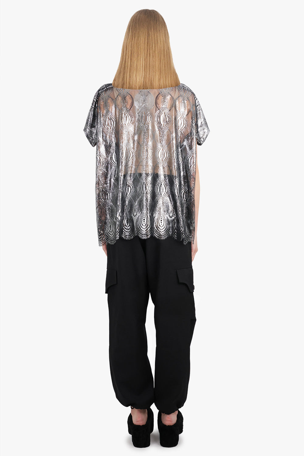 FOILED LACE S/S TOP | SILVER/BLACK - 5